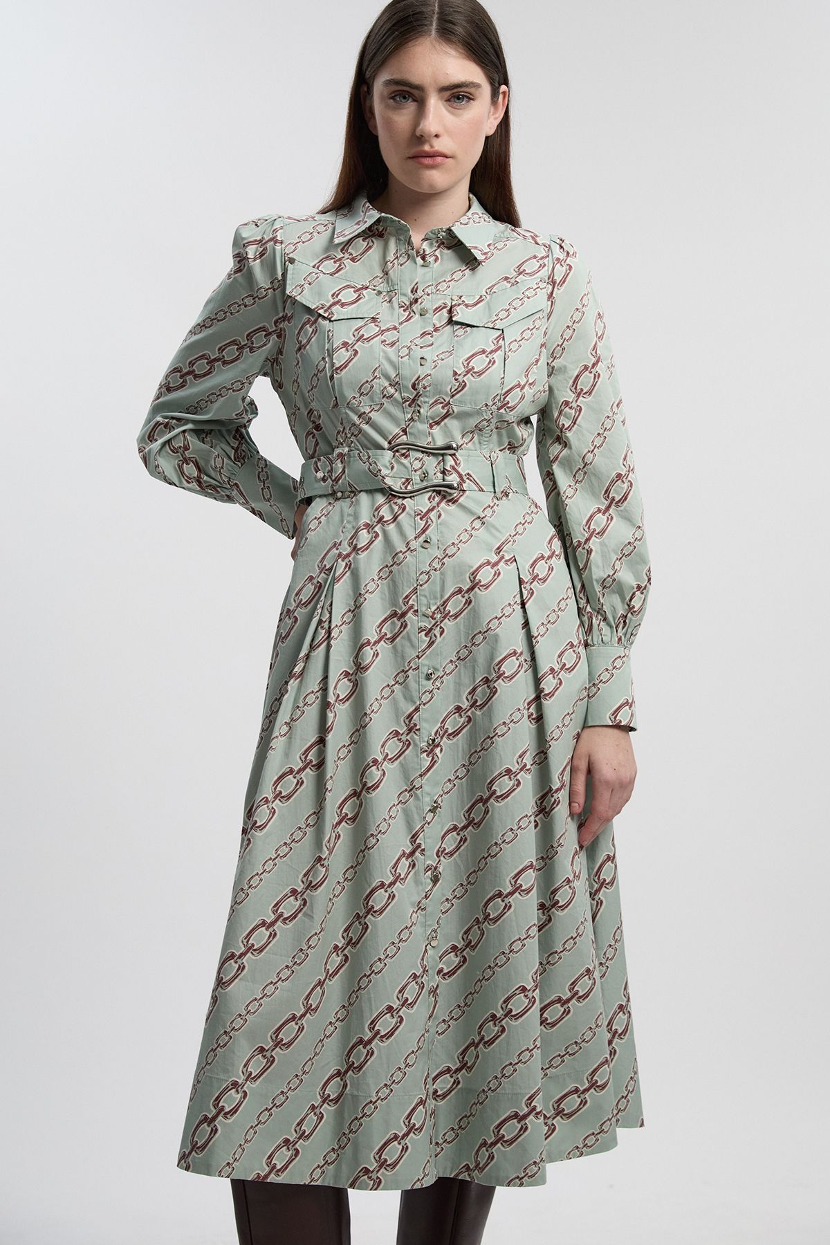 KarenMillen Chain Print Cotton Sateen Belt Detail Woven Shirt Dress