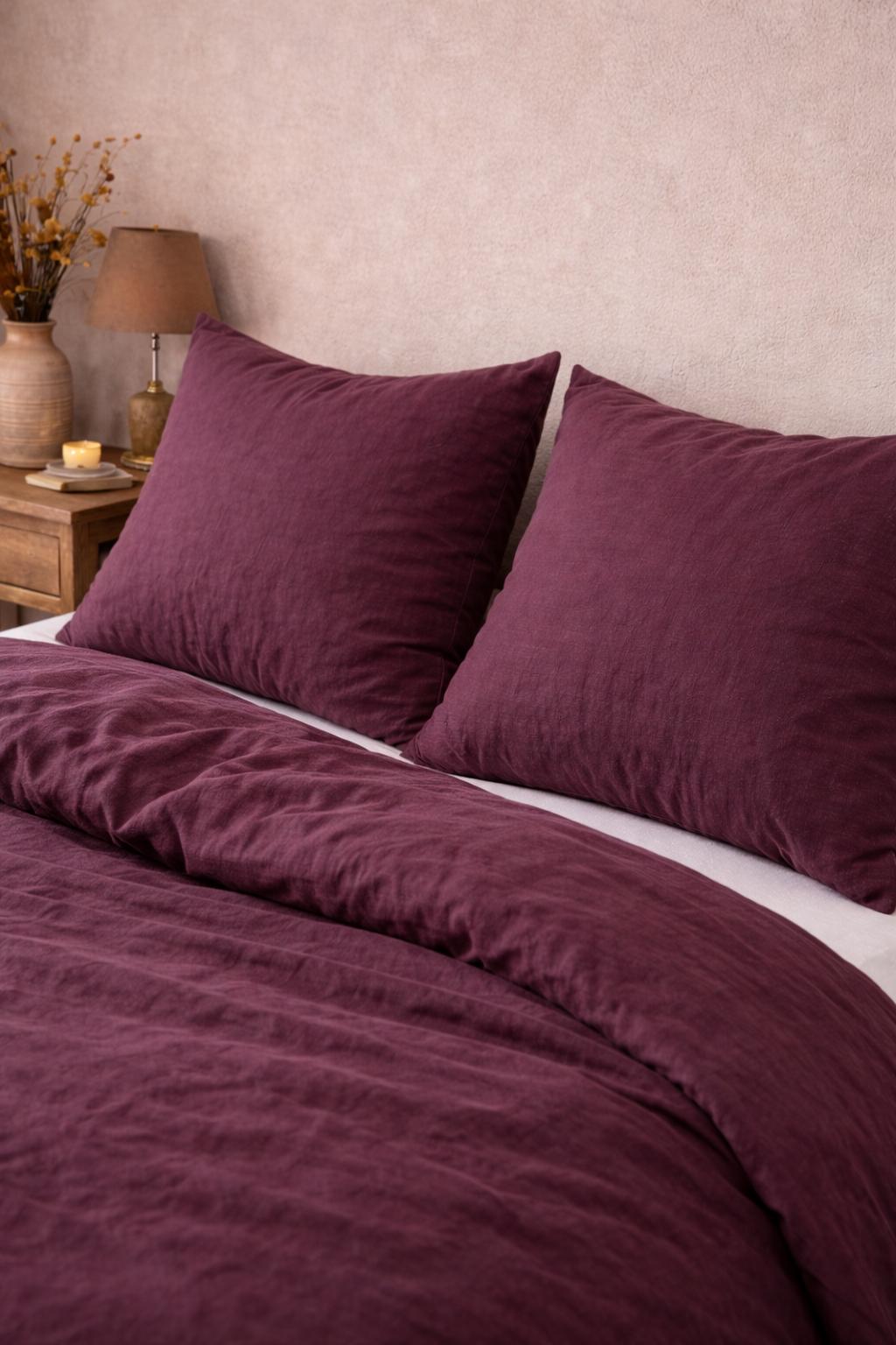 Plum Wine Washed Linen Duvet Cover Set – Soft Breathable Bedding with Pillowcases, Bedroom Decor, Comforter Cover King Queen Duvet Cover Set