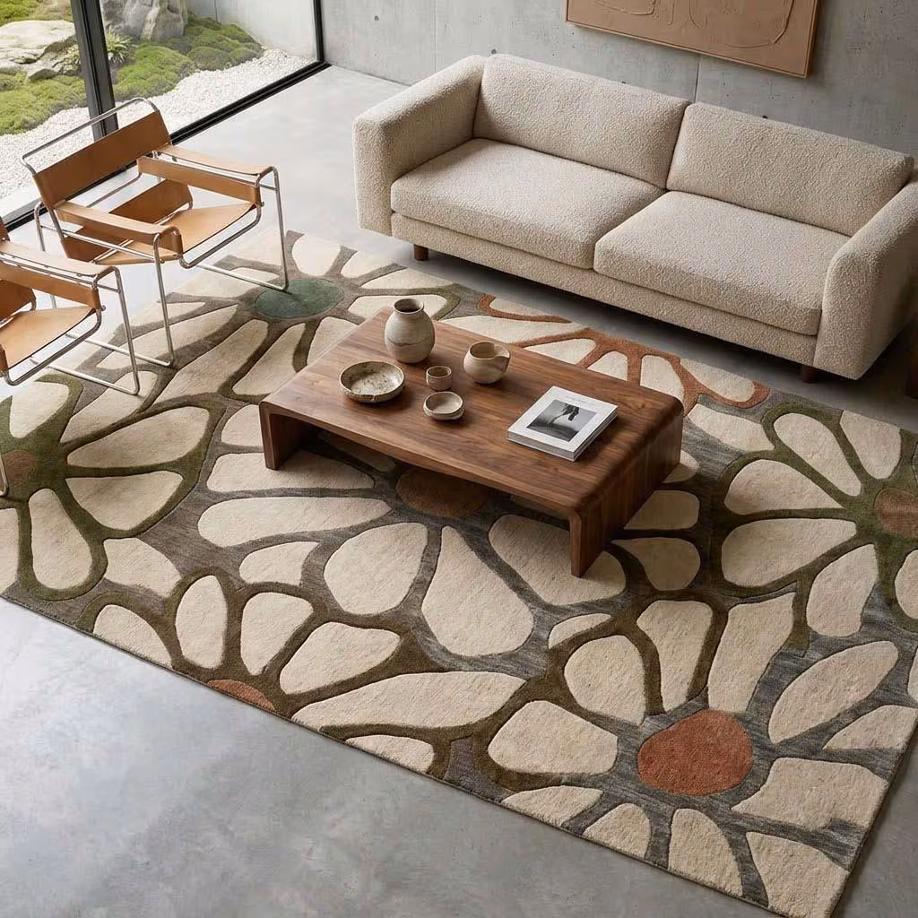 Hand Tufted Floral Rug, Vintage Botanical Area Rug, Neutral Daisy Flower Carpet, Boho Farmhouse Living Room Decor 9x12