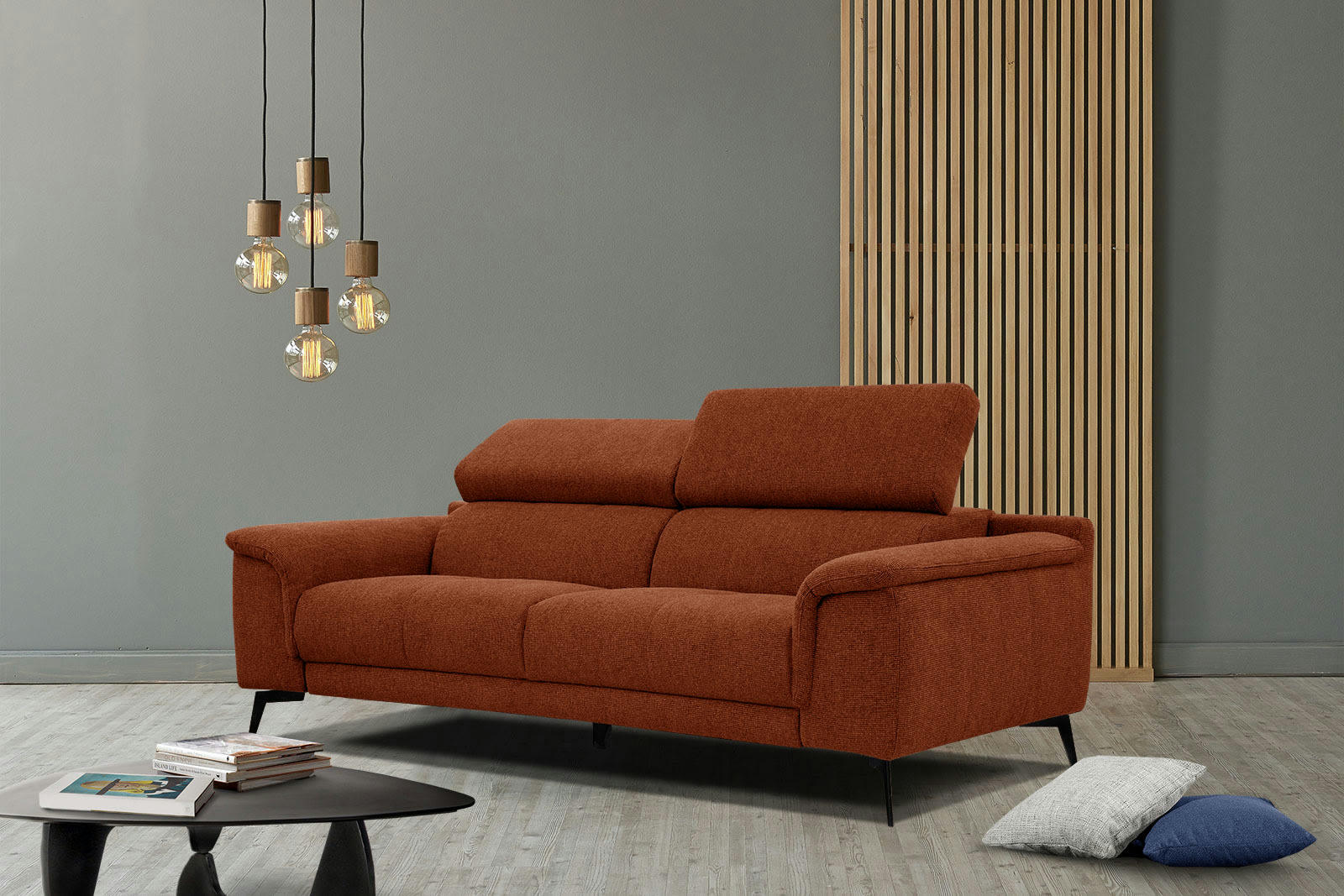 FIERO - Canapé droit 3 places XXL tissu rouille