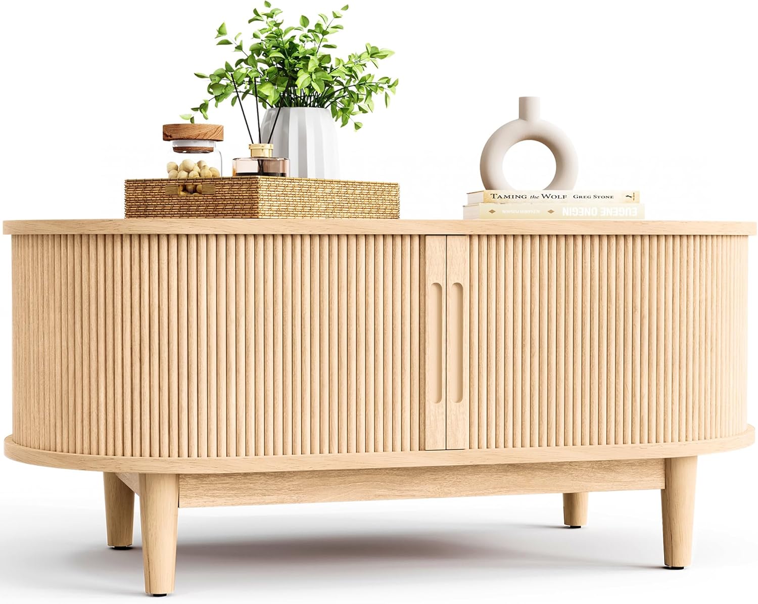 LINSY HOME Oval Coffee Table, Wood Coffee Table with Storage, Fluted Accent Center Table with Sliding Tambour Door, 39 Boho Coffee Tables for Living Room, Bedroom, Apartment, Oak