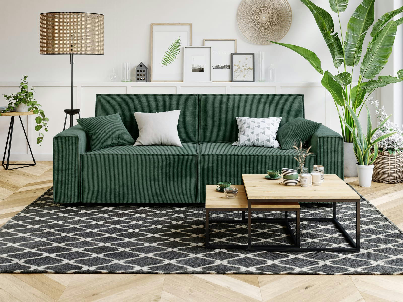 MIRA - Canapé droit convertible en velours côtelé 3 places vert