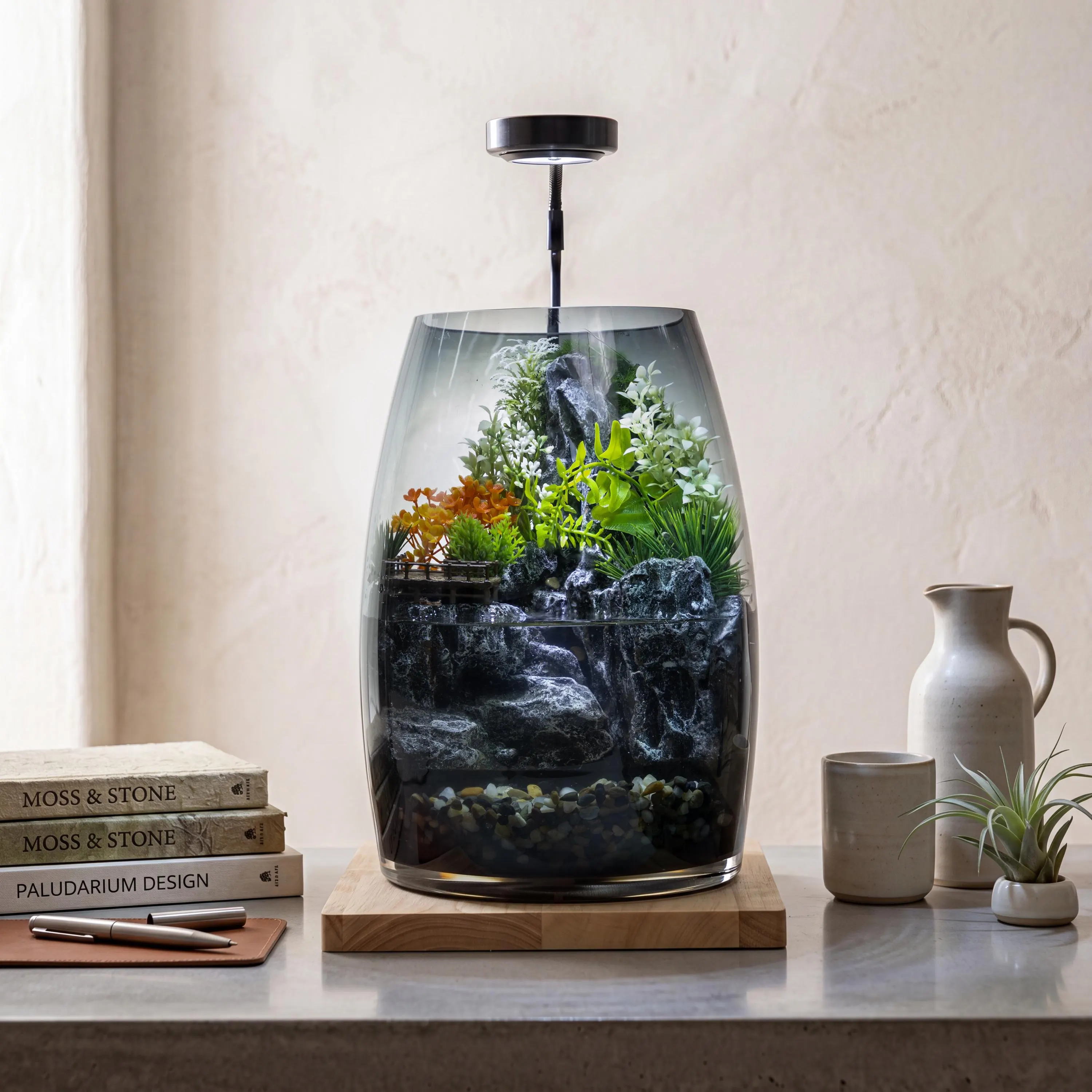 Miniature Zen Waterfall Terrarium | Japanese Garden Ecosystem Lamp, Office Decor