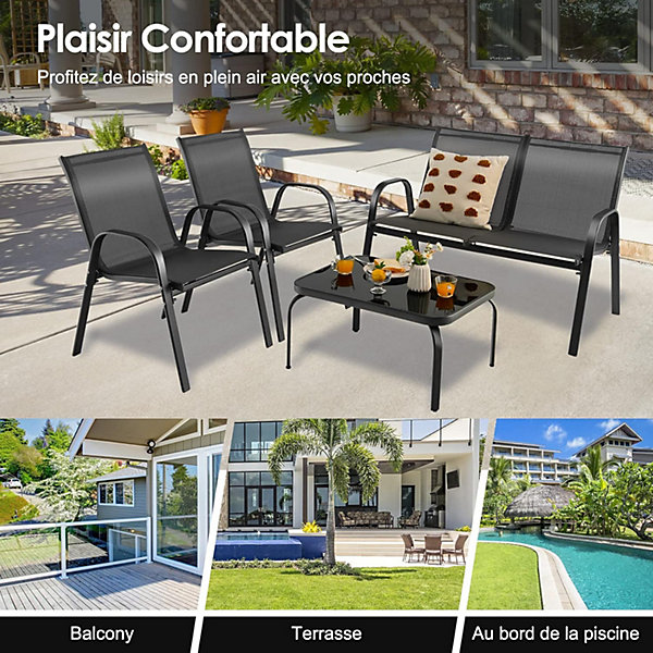 4 Pcs Ensemble de Meubles de Jardin avec 3 Chaises en Textilene Lot de 4 Salon de Jardin 4 Personnes avec Table Basse
