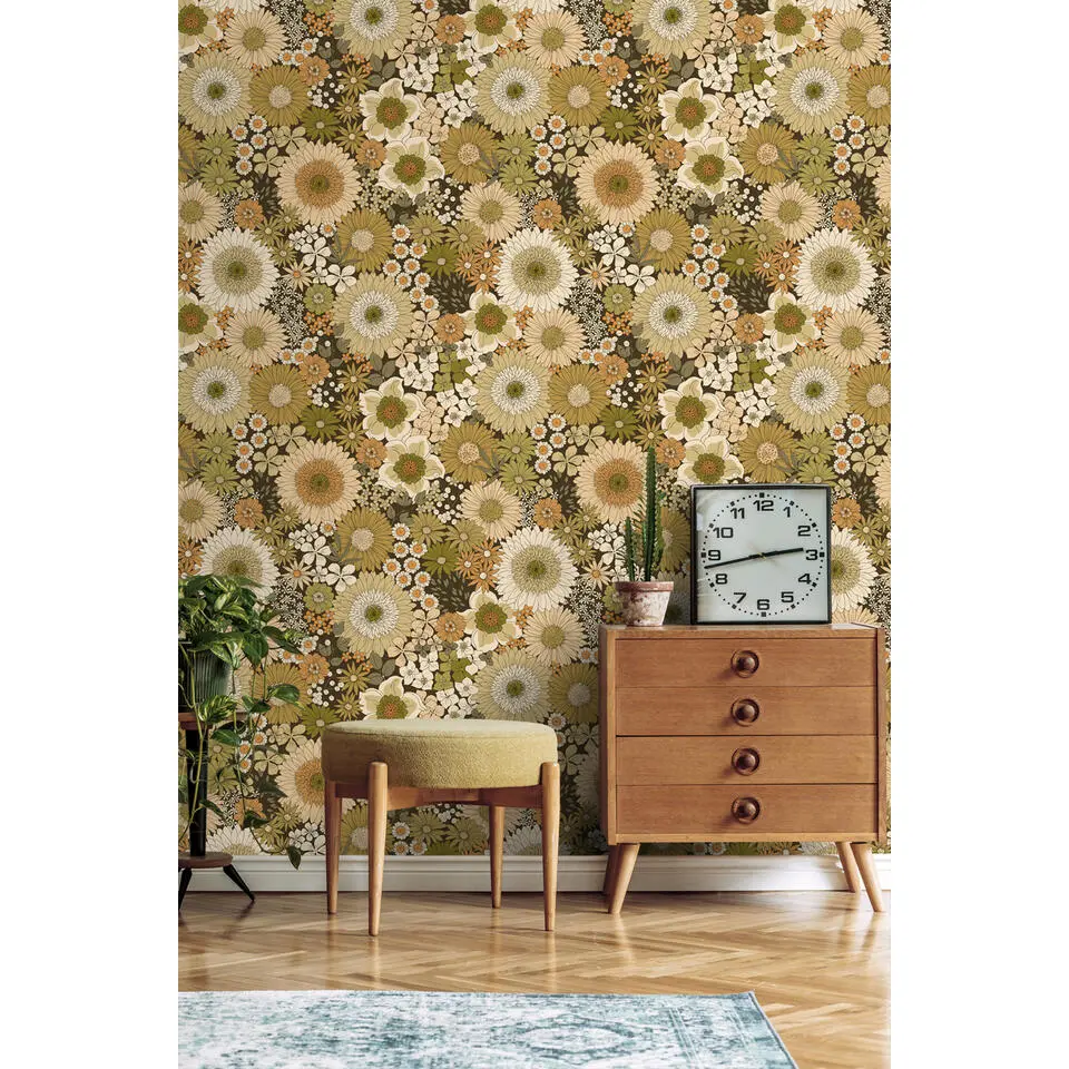 ESTAhome behang retro bloemen olijfgroen en oranje bruin - 50 x 900 cm