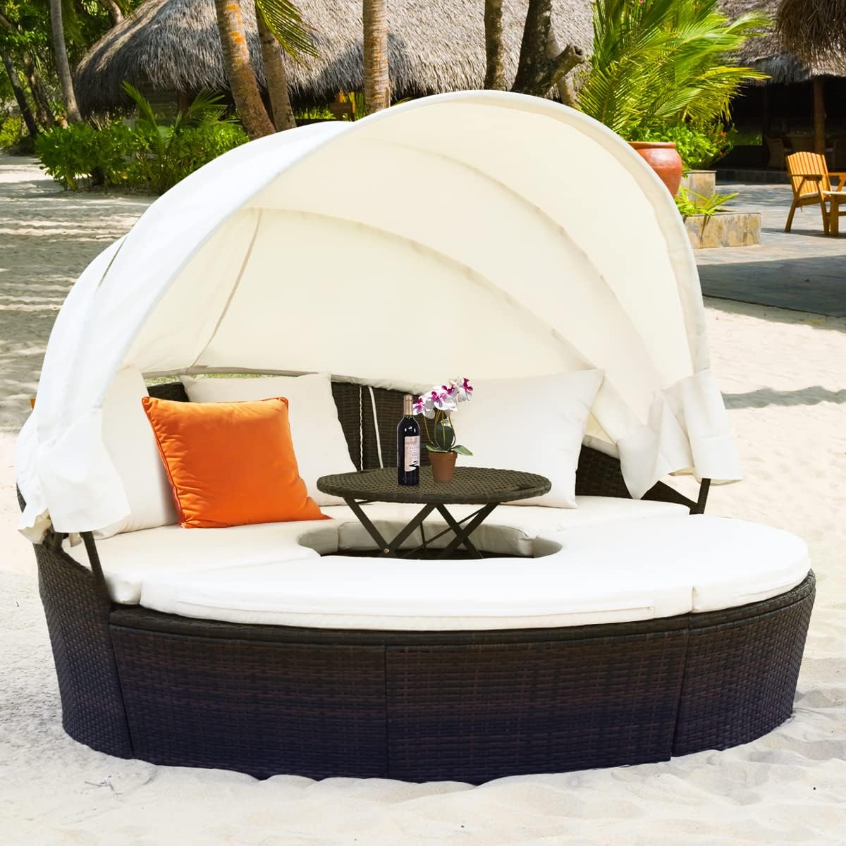 Green Rattan Round Outdoor Daybed with Canopy, Cushions  Adjustable Coffee Table(Off-white)