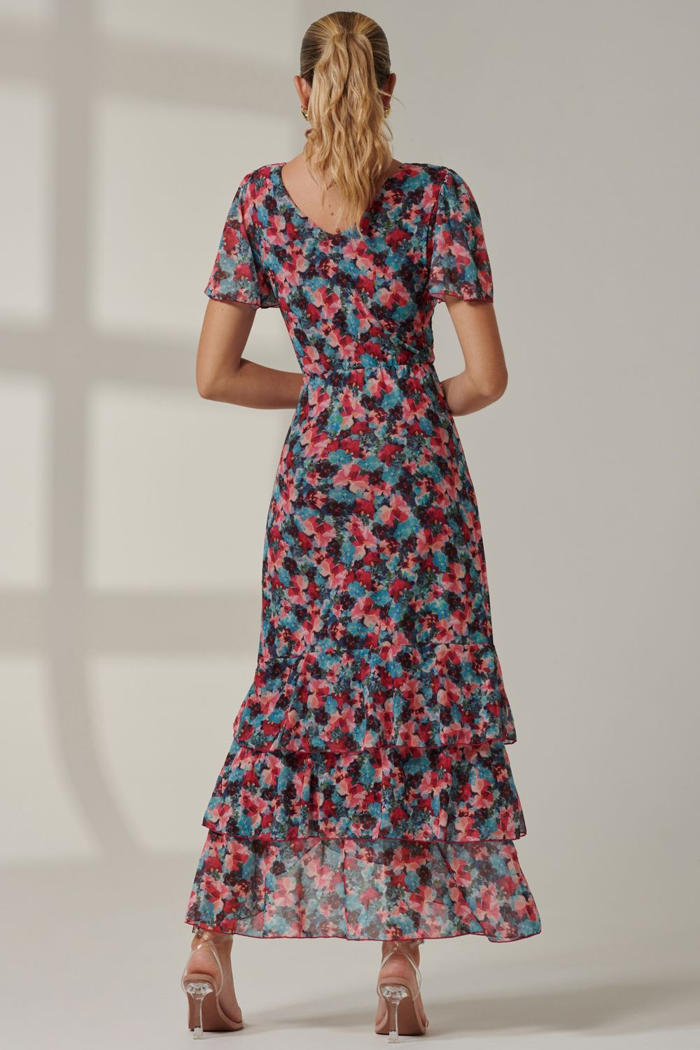 Jolie Moi Angel Sleeve Tiered Hem Maxi Dress