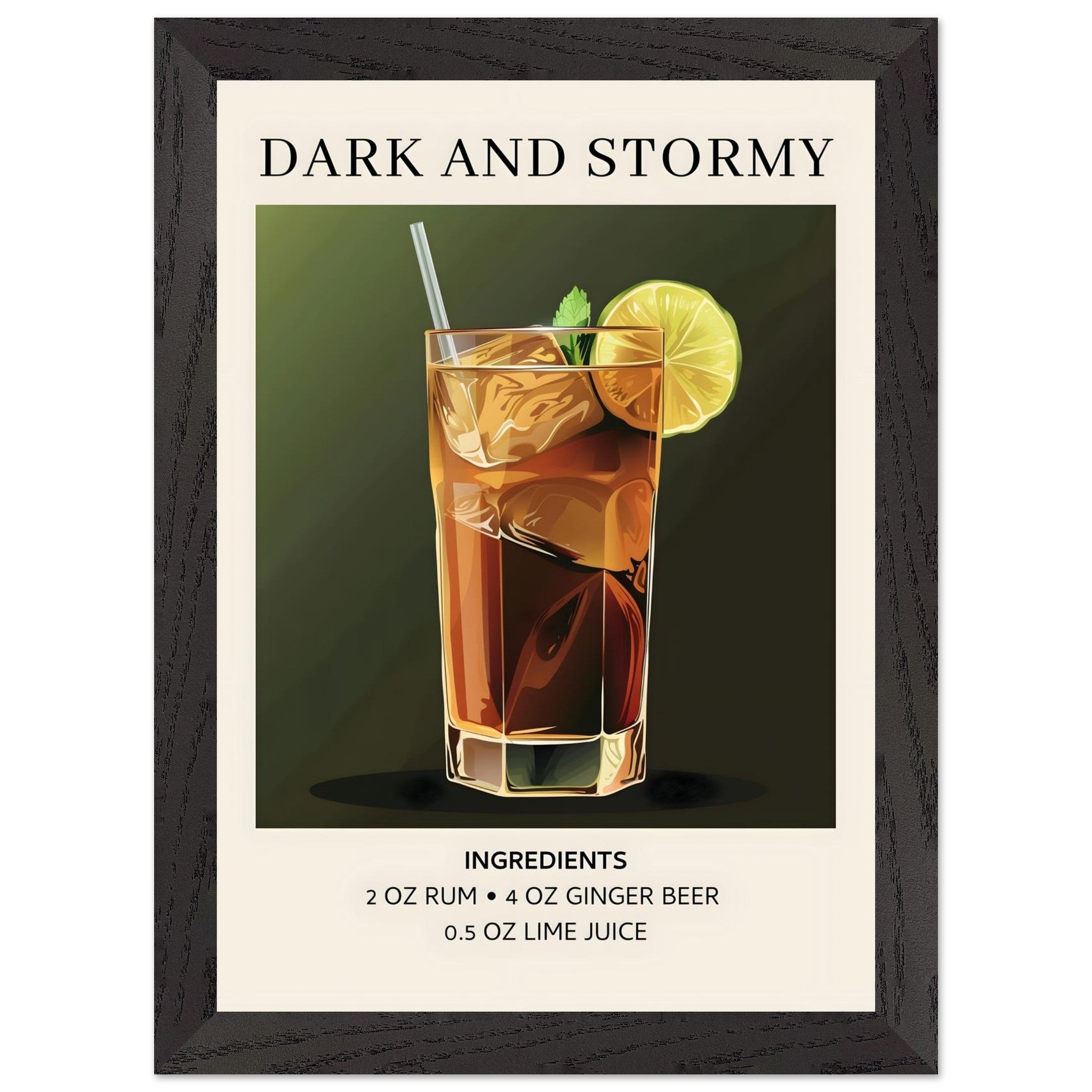Artfulprints Poster met Lijst Dark and Stormy cocktail - Ingrediënten  - A4 21x29.7 cm - Donkergroen