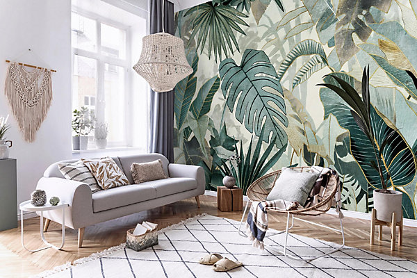 Papier Peint Panoramique Vinyle Feuilles Jungle Vert - 368x254 cm - Papier Peint Chambre et salon