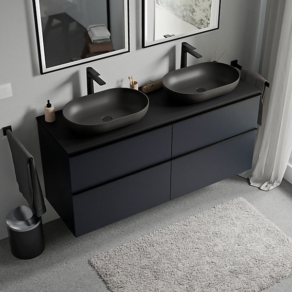 Meuble sous vasque suspendu MDF Bleu nuit mat, plan vasque Noir mat, poignée Anthracite mat - 120x46x62cm - LAVOA