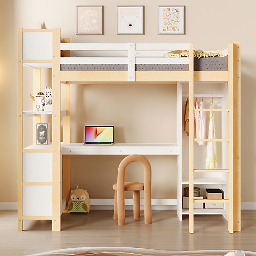 Lit mezzanine 90x200cm avec étagères - avec compartiments de rangement - bureau   armoire - naturel (matelas non inclus)