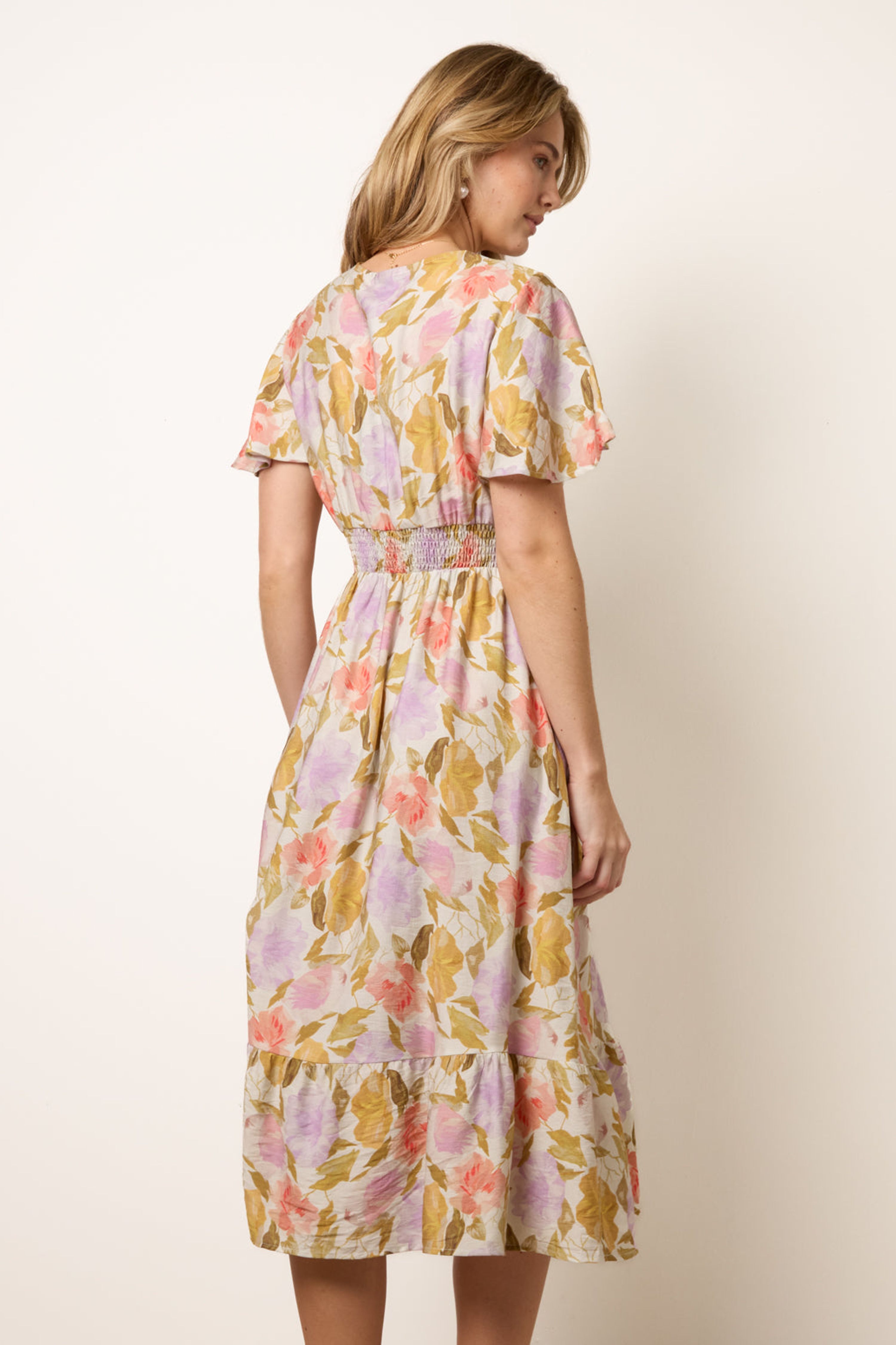 Blue Vanilla Multi Floral Print Angel Sleeve Midi Dress