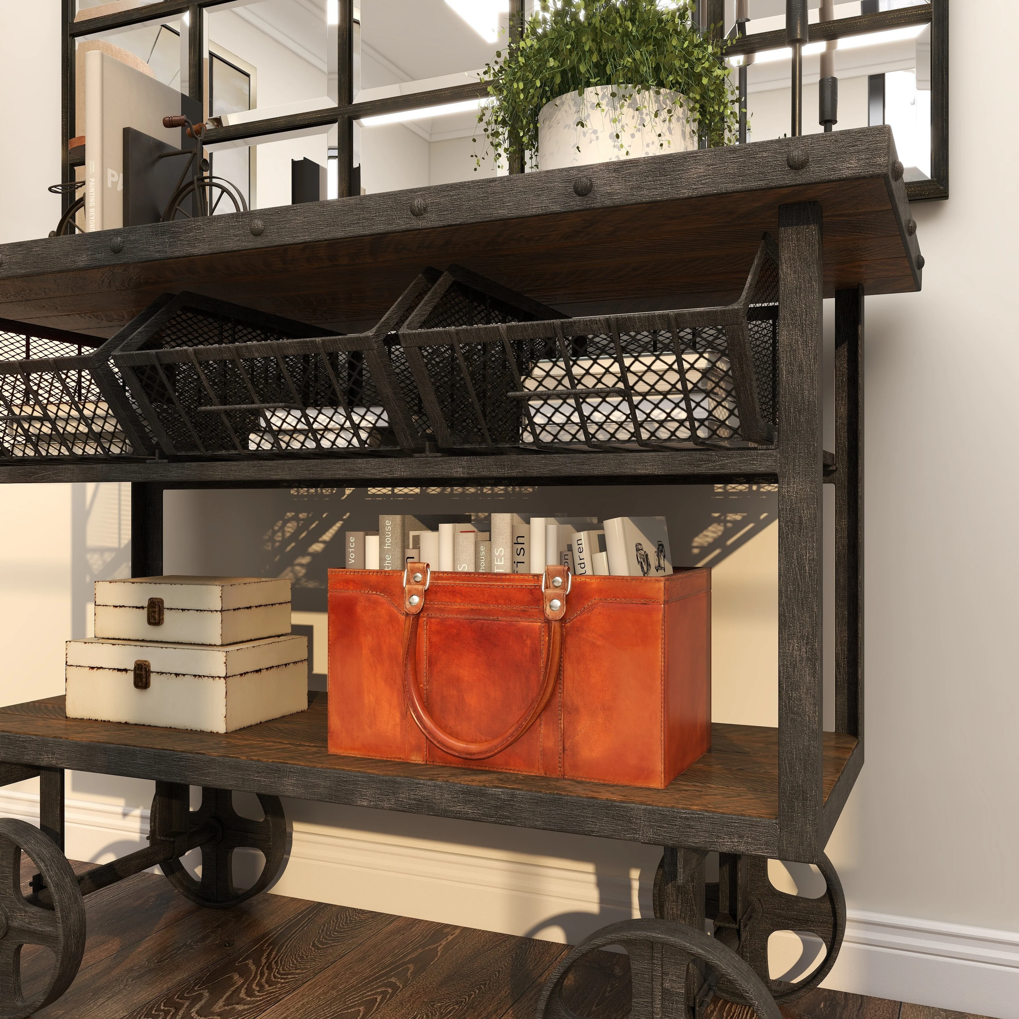 Leather Handmade Box Style Single Slot Magazine Holder with Detail Stitching and Curved Handles - Brown - Roche River Decor