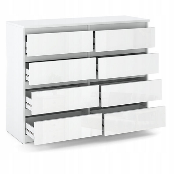 Grande commode blanche laquée 120 cm avec 8 tiroirs - Meuble TV moderne pour salon