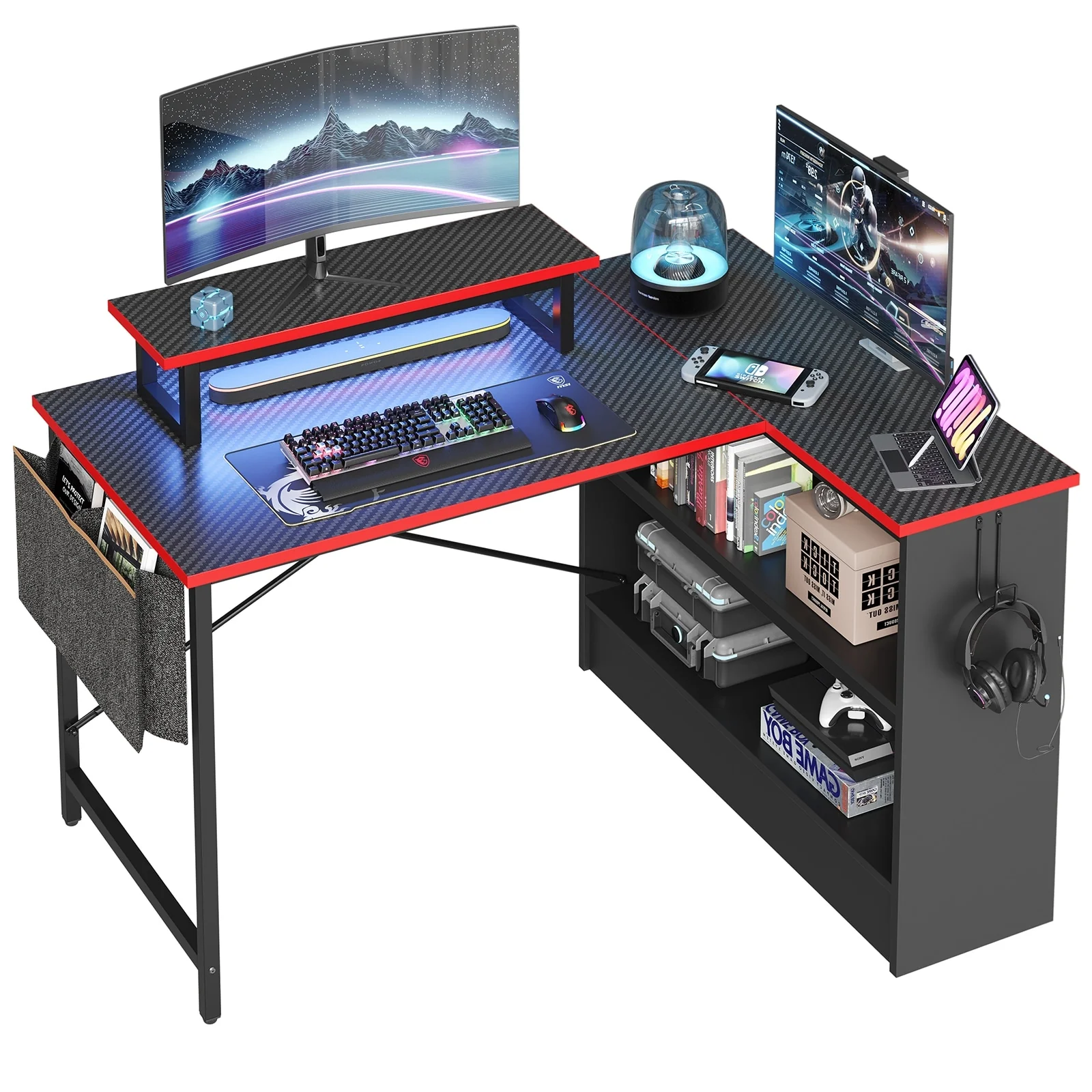 42 Gaming Desk Reversible L Shaped Desk with LED Monitor Stand Storage Shelves and Bag
