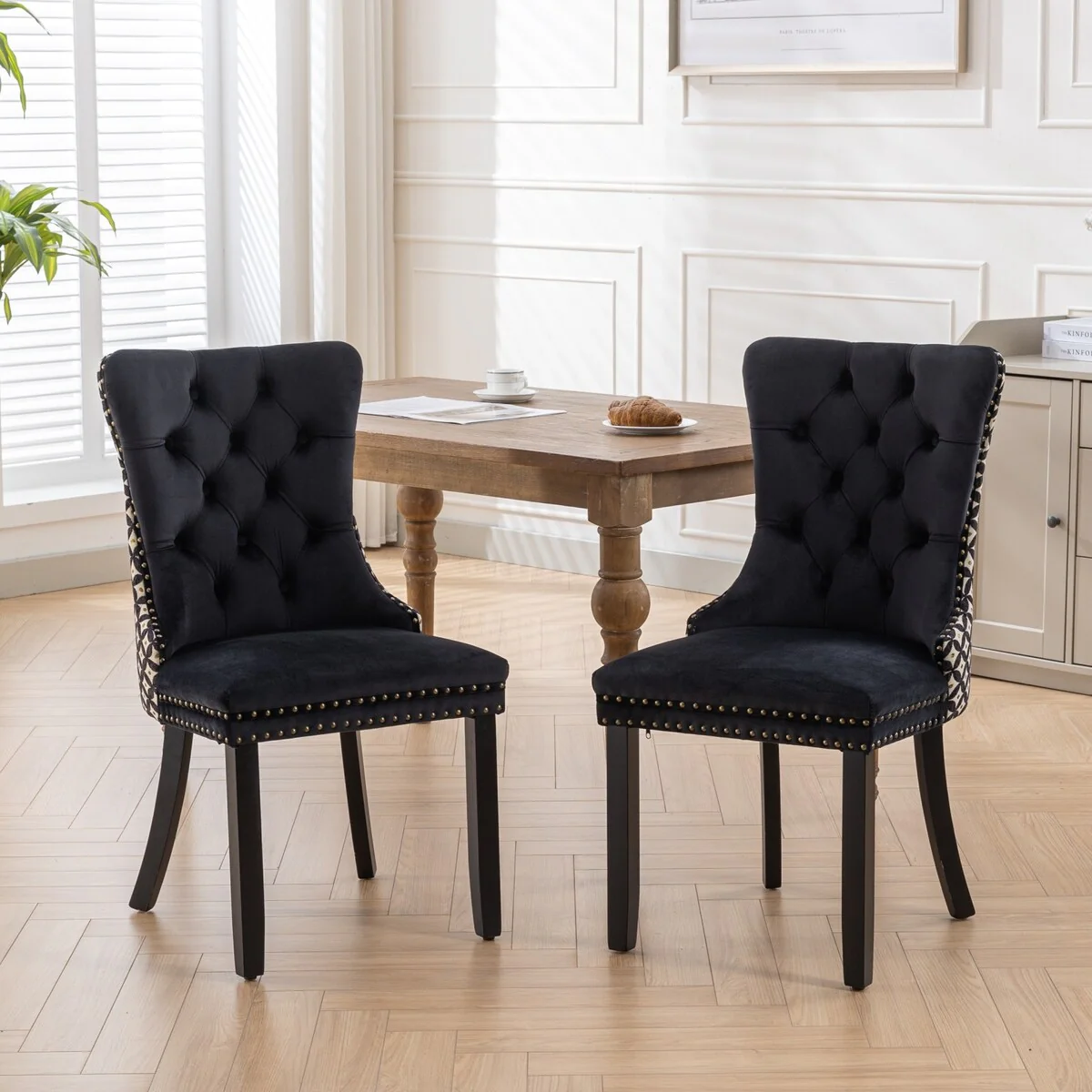 Set of 2 Velvet Upholstered Dining Chairs with Nailhead Trim and Wooden Legs