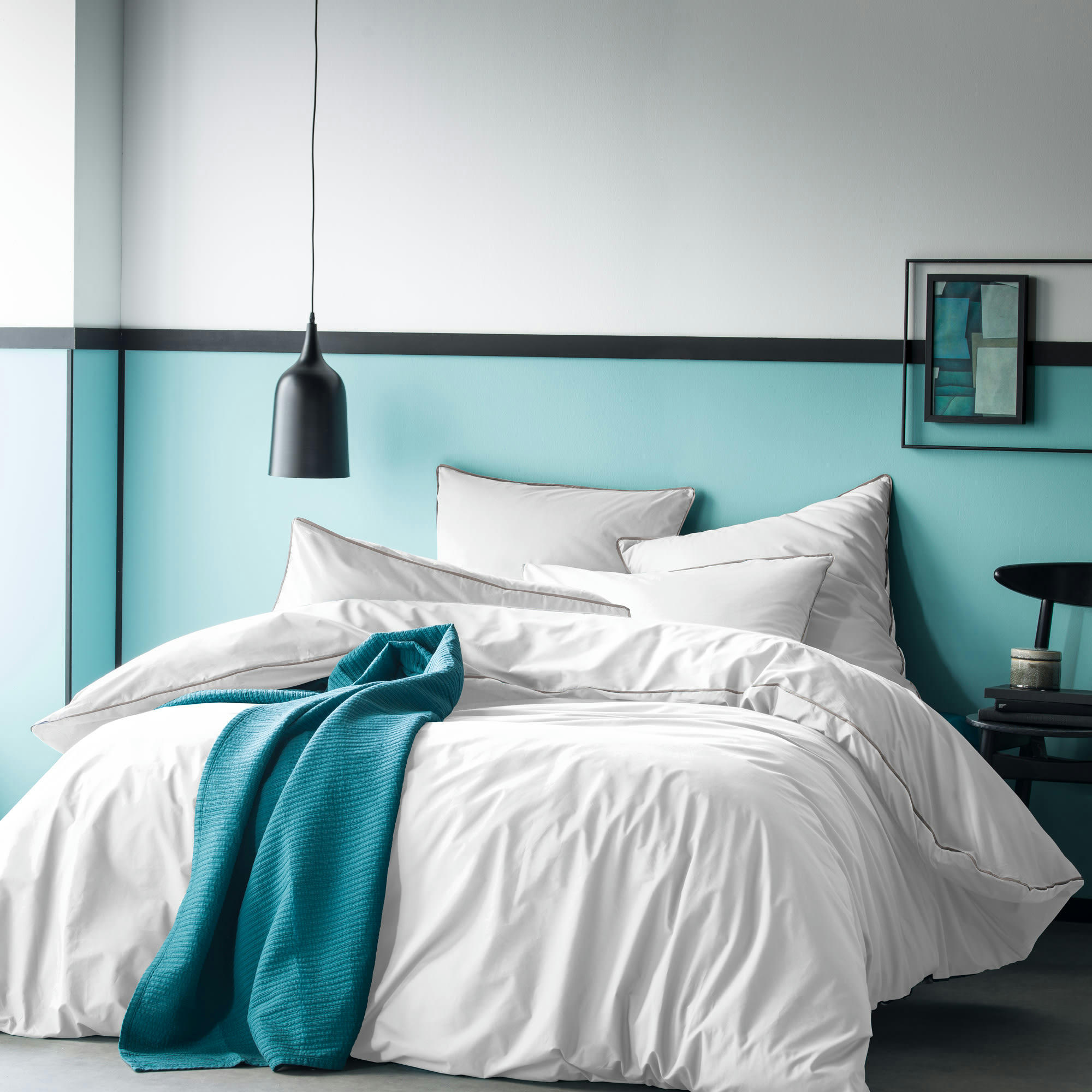 SIMPLICITÉ GOURMANDE - Housse de couette en percale de coton  200x200cm Blanc/beige Desert