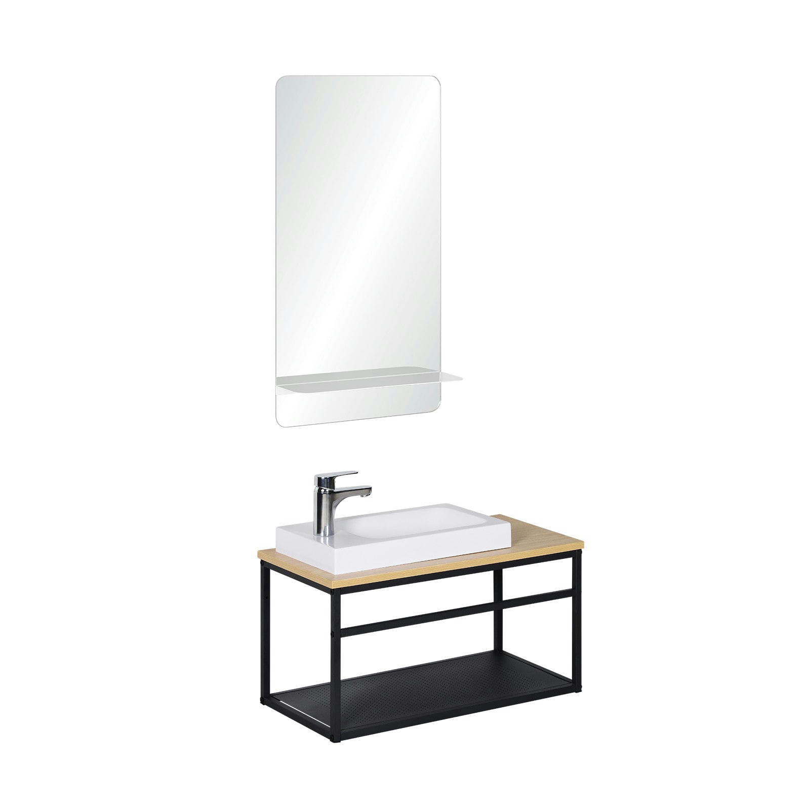 WILO - Meuble lave-mains  vasque blanche + robinet chromé + miroir