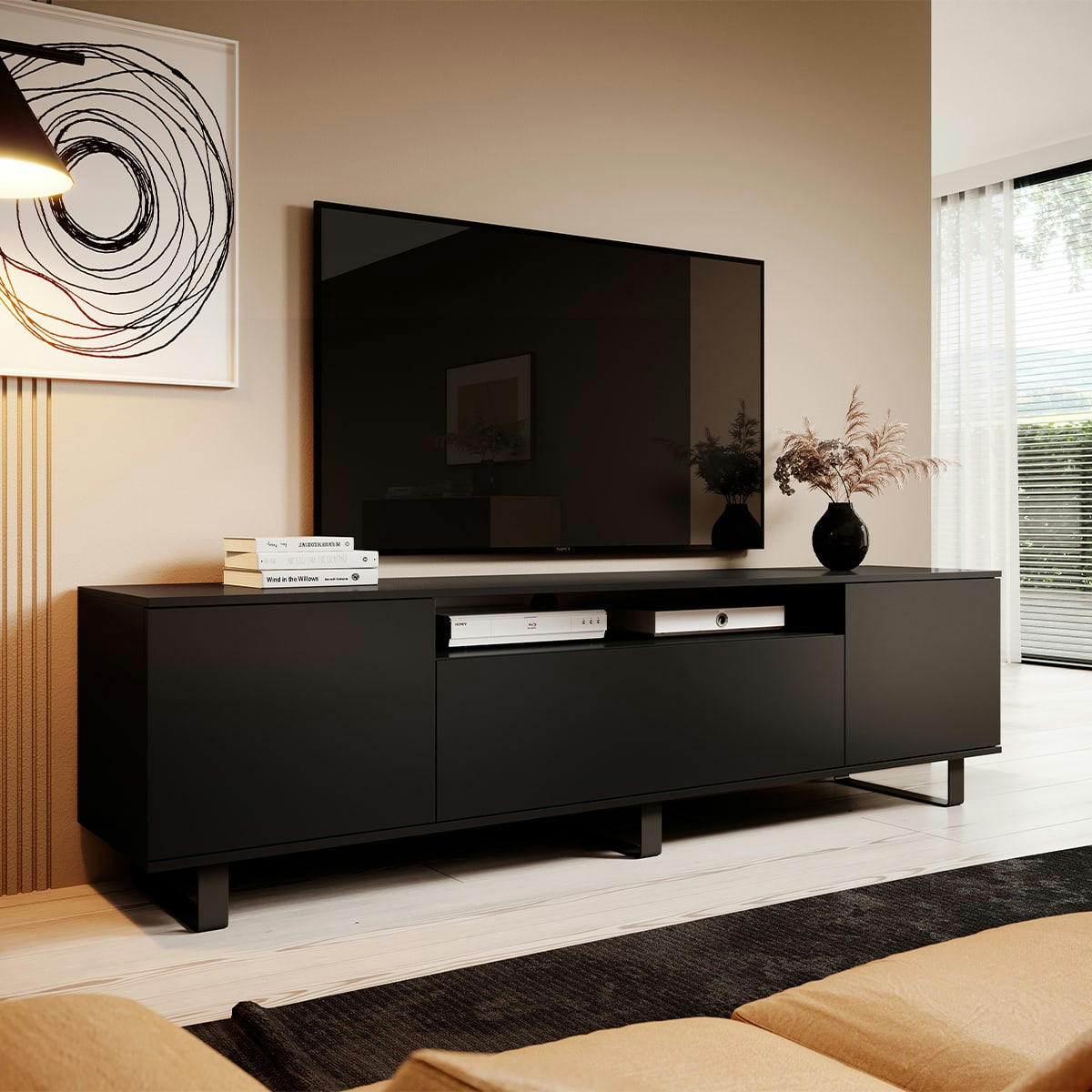 - Meuble TV 3 portes 200 cm stratifiés, métal naturel