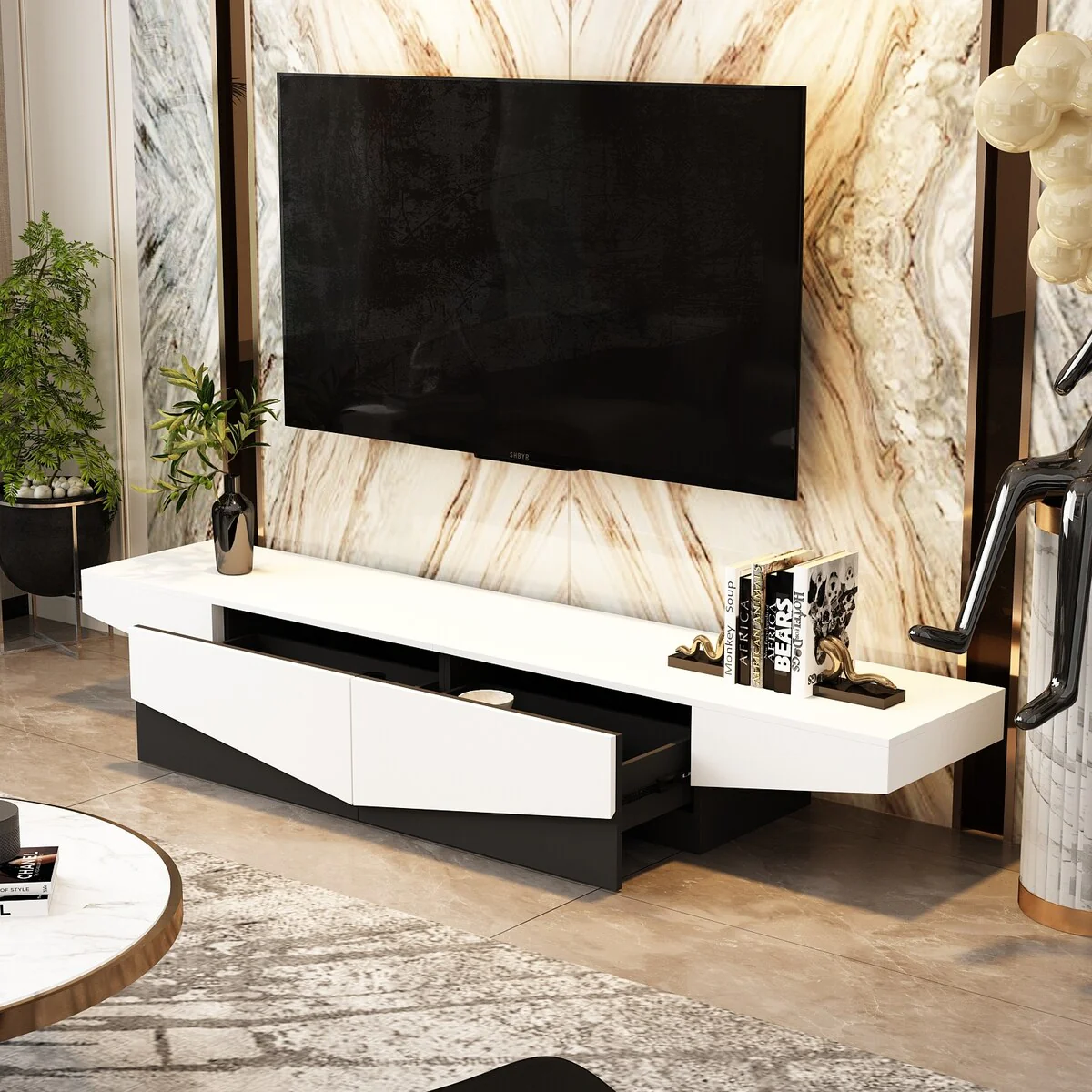 Black&White color scheme TV Cabinet,Entertainment center with 2Drawers - 78.7W