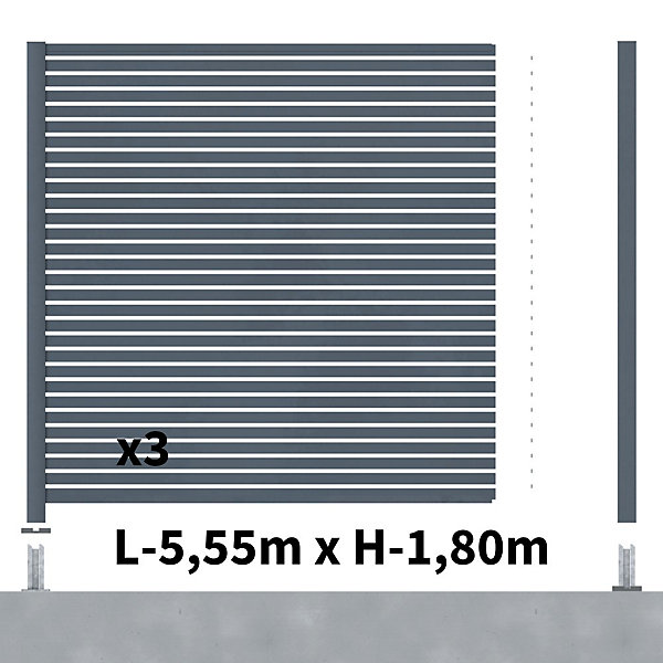 Kit Clôture Ajourée Aluminium OLINDA Anthracite 5,5x1,8m Poteaux sur Platines - Dimension des Lames : 21x45x1780 mm