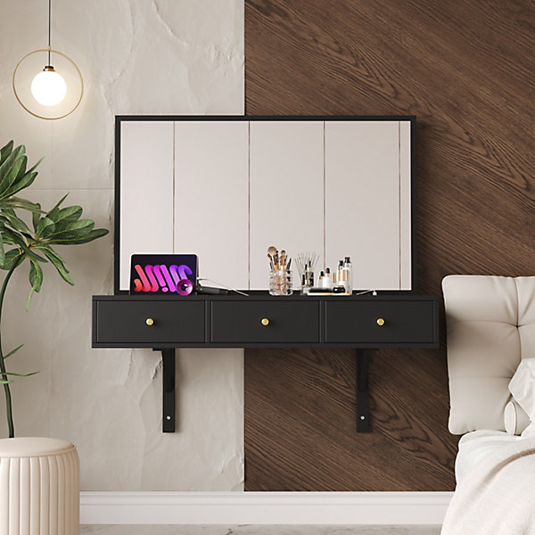 Coiffeuse 100x45x105 cm avec miroir, 3 tiroirs et prises intégrées, finition noire, plateau multifonction