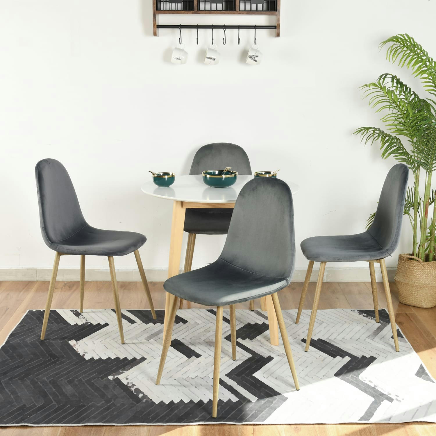 GRIS - Lot de 4 chaises scandinaves velours gris pied effet bois