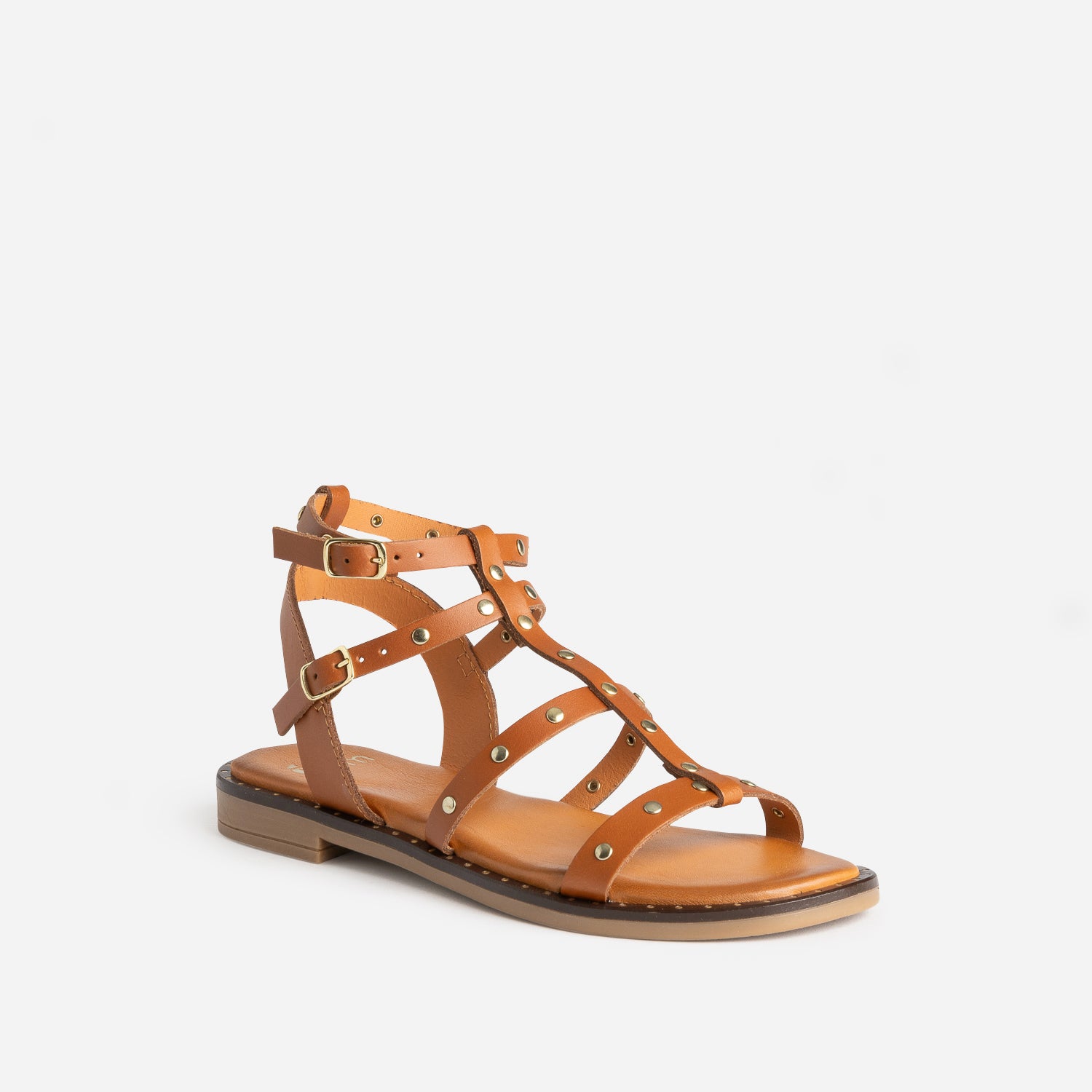 Sandale-spartiate camel cuir clouté