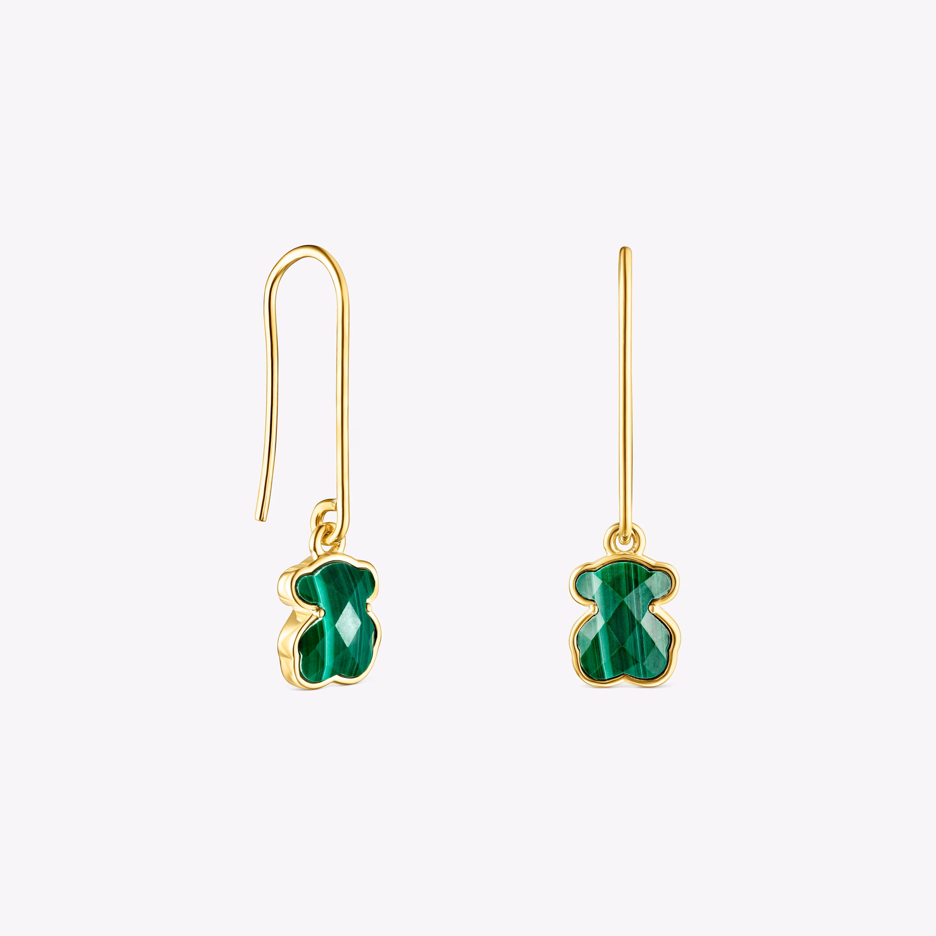 Pendientes largos con baño de oro 18 kt sobre plata y malaquita Icon Color