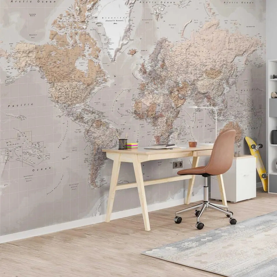 Fotobehang Wereldkaart Aardekleuren - 260 x 384 - Bruin