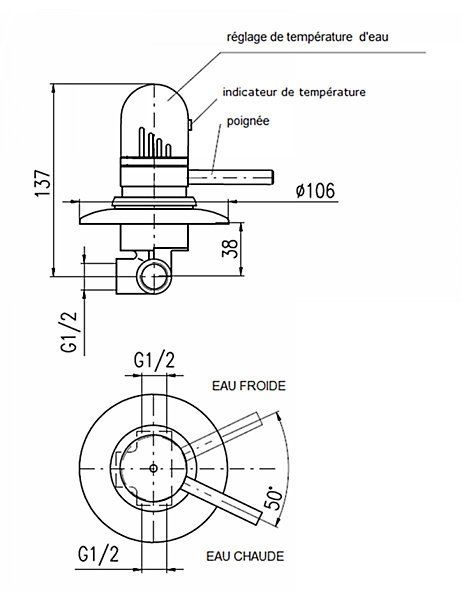 Mitigeur douche encastrable thermostatique en laiton chromé