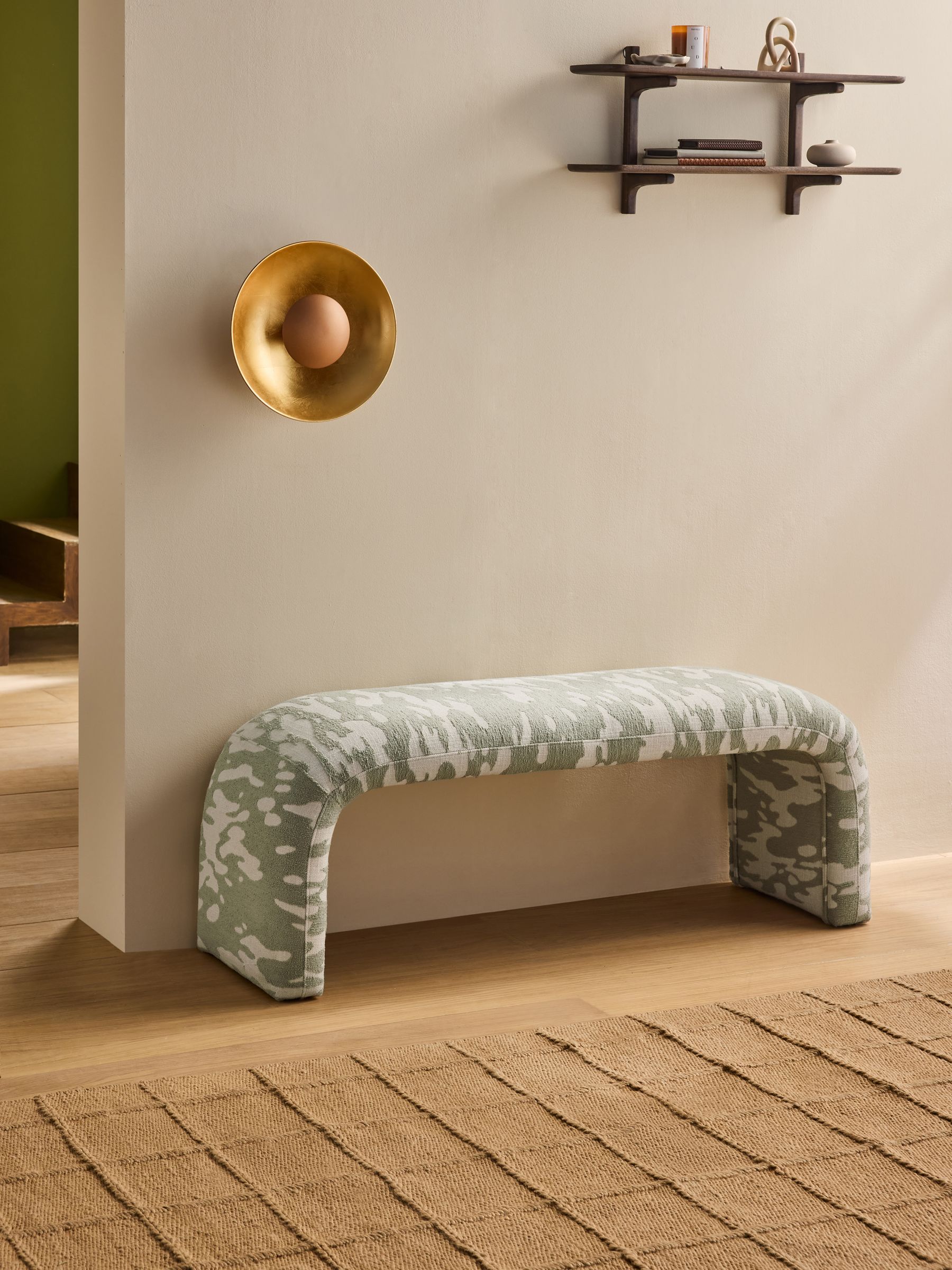 Beryl Bench in Natural and Sage Green Embossed Chenille