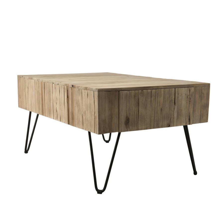LALY - Table basse 2 tiroirs plateau en teck pieds épingles métal L90