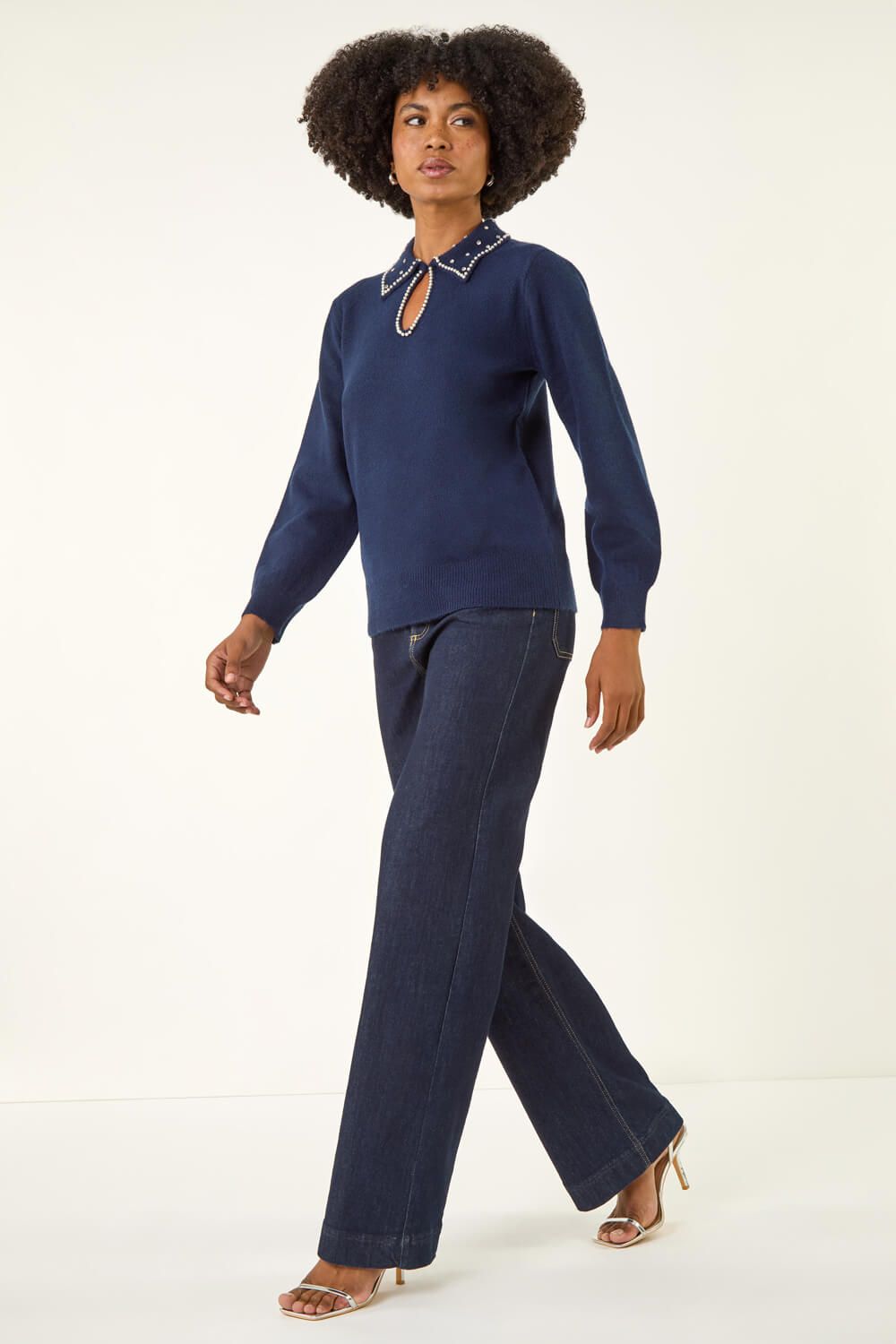 Roman Faux Pearl Collared Keyhole Knit Jumper