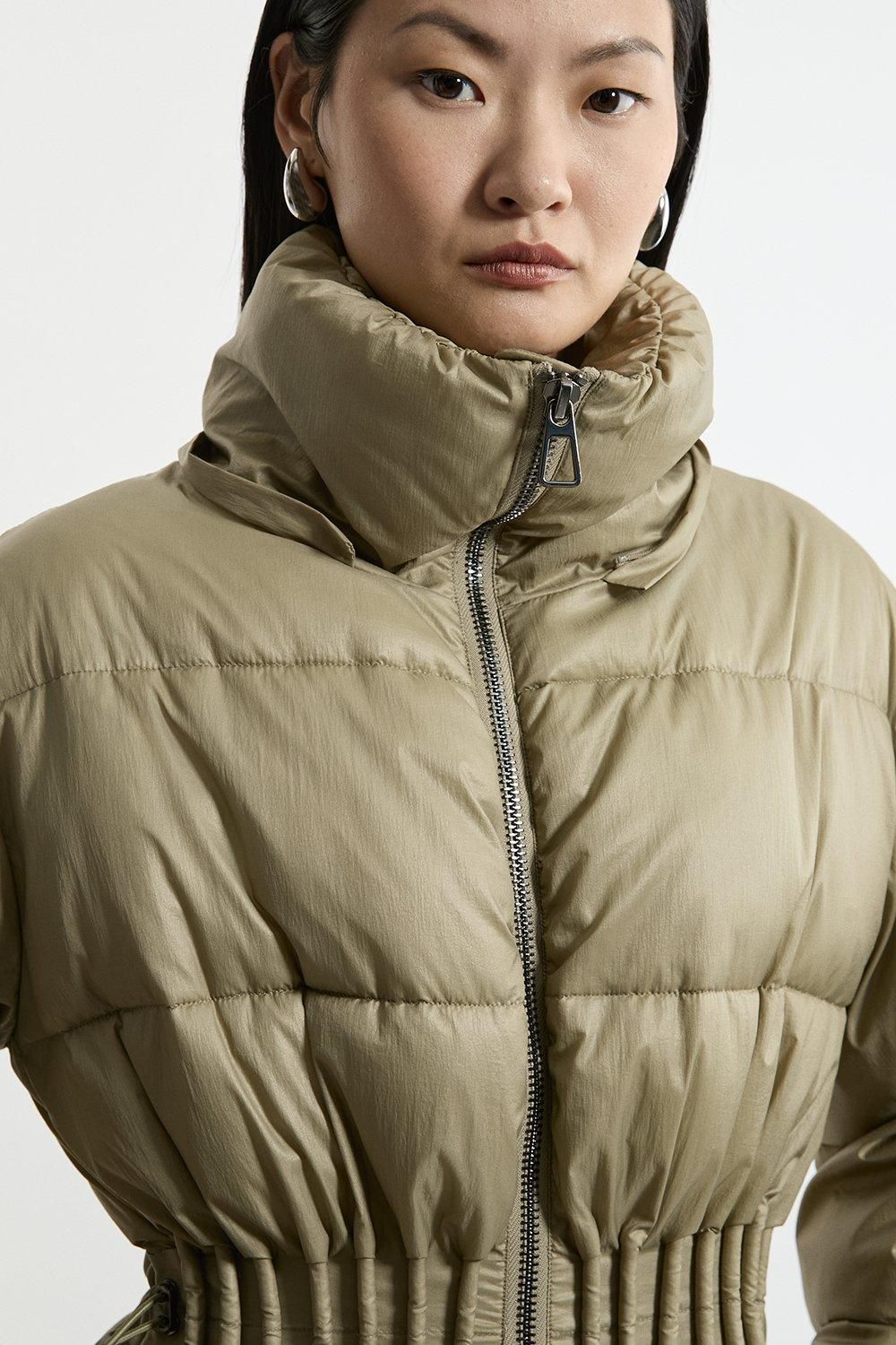 KarenMillen Quilted Drawstring Waist Hooded Rib Cuff Puffer Jacket