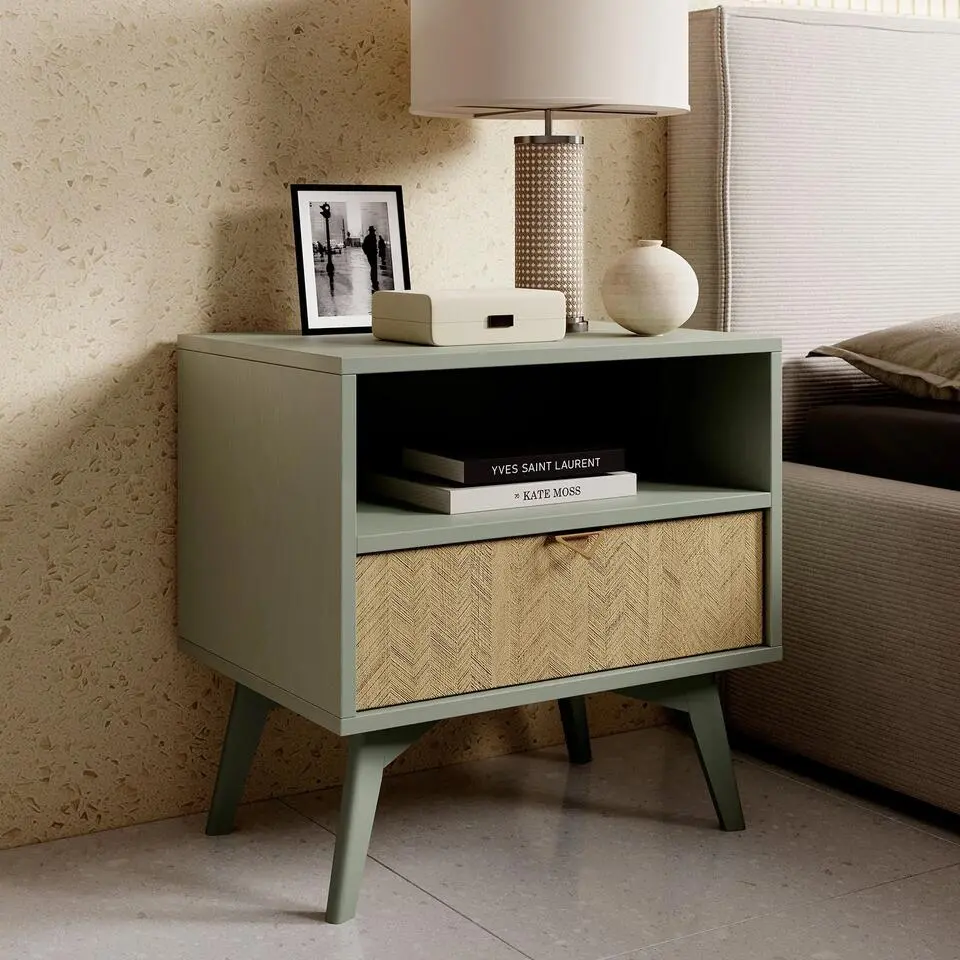 Meubella - Nachtkastje Essence - Groen - Licht eiken