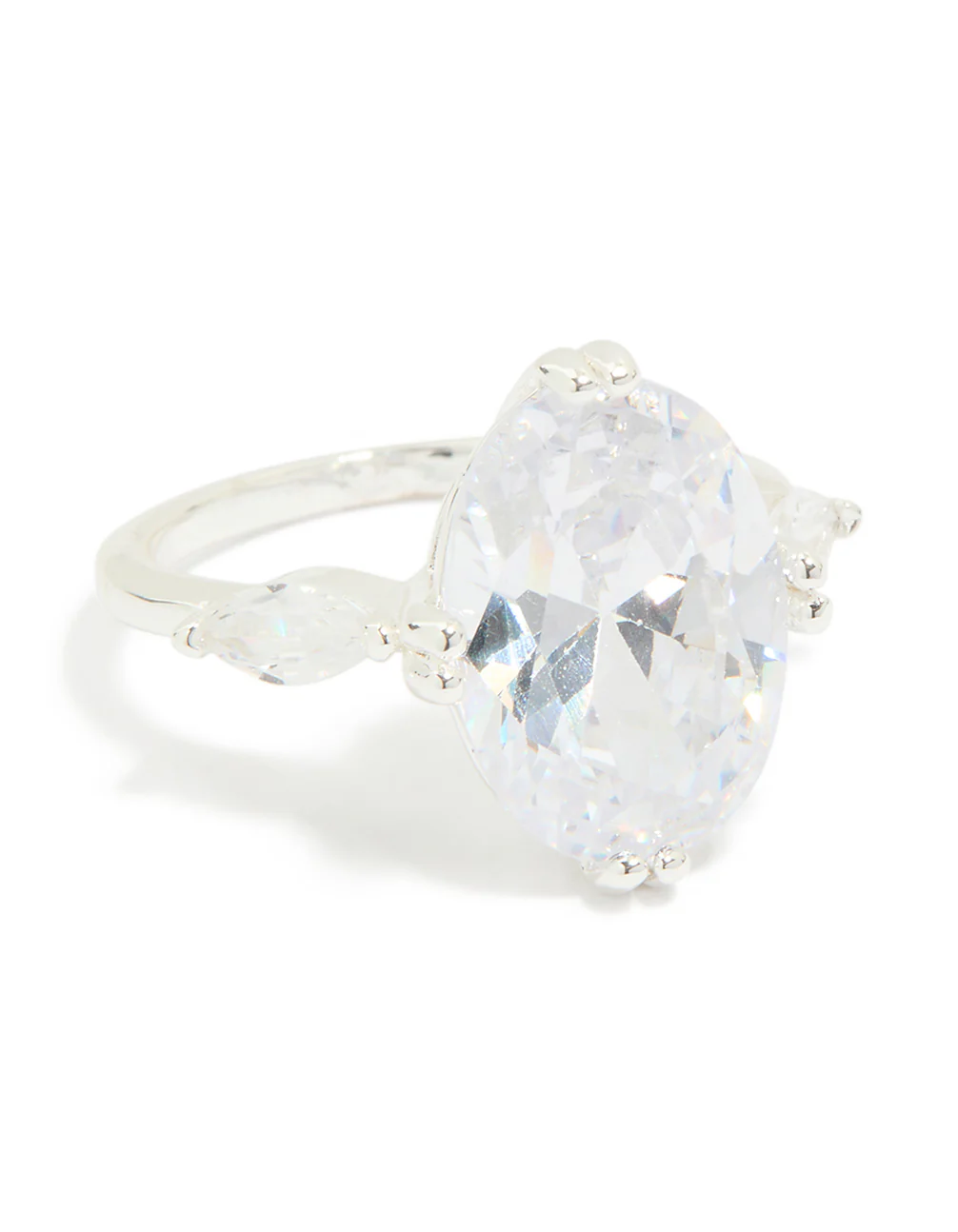 Silver Plated Cubic Zirconia Large Oval Statement Ring