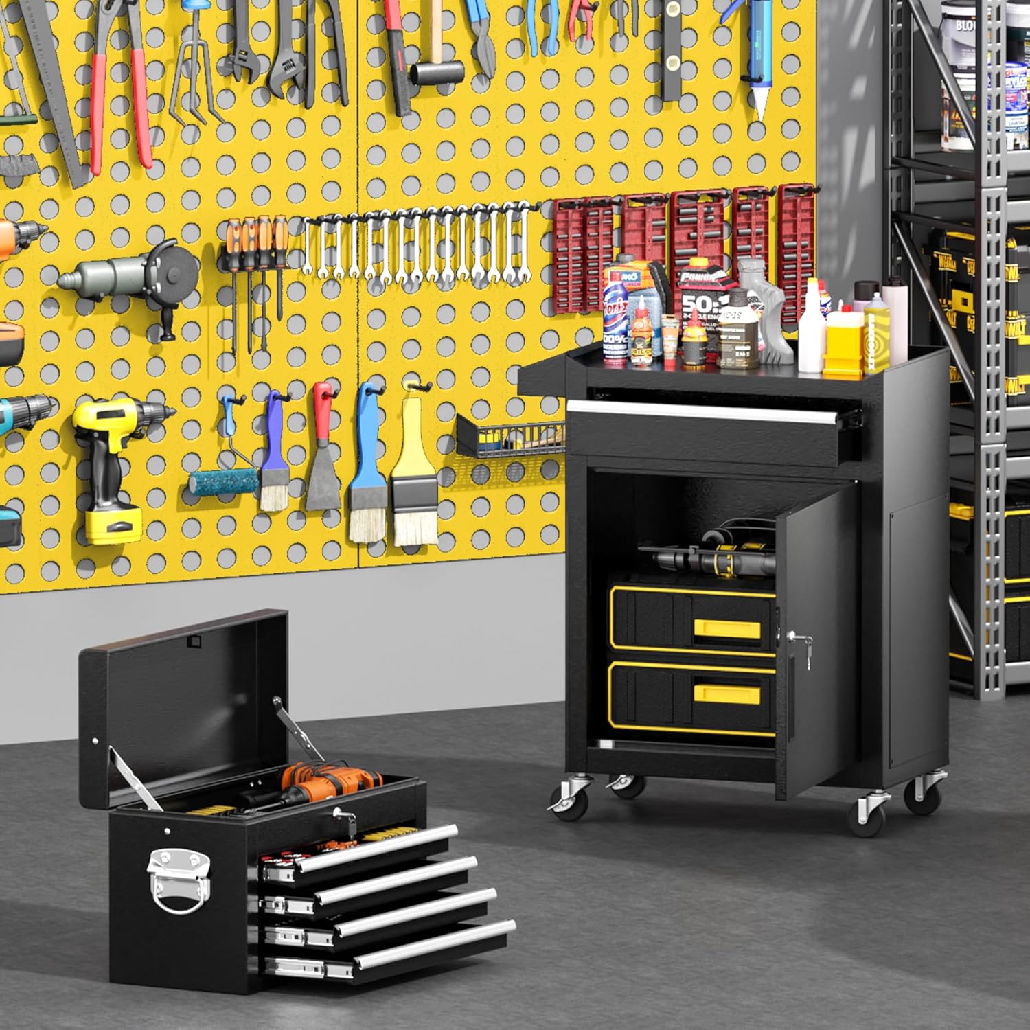 Greenvelly Tool Chest, 5-Drawer Rolling Tool Chest with Hooks and Lockable Wheels, Detachable Top Tool Box, Toolbox with Wheels, Rolling Tool Box for Mechanics Garage Workshop and Tool Room (Black)