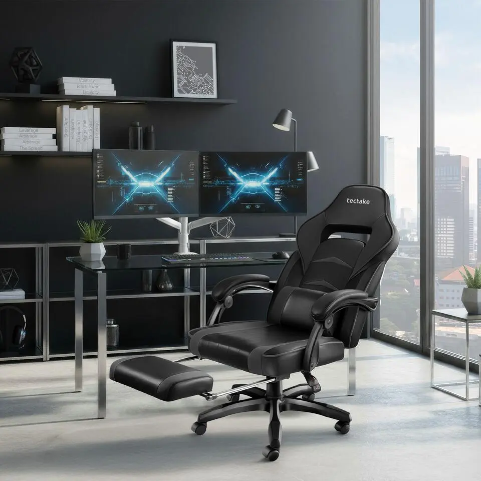 tectake Racing bureaustoel Comodo met voetsteun , Zwart/Zwart