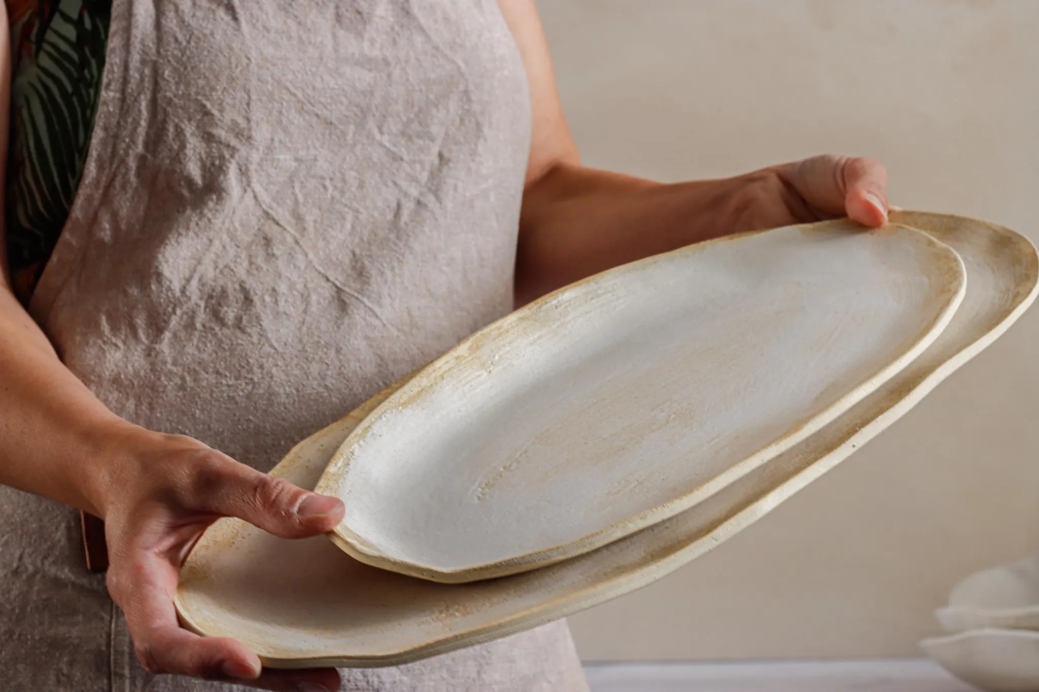 Handmade Matte White Stoneware Plate Set: Rustic Ceramic Serving Trays