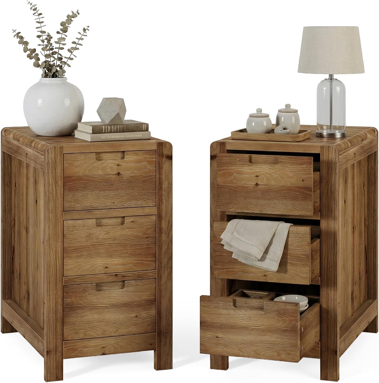 LITTLE TREE 3-Drawer Real Wood End Table Set 2, Narrow Side Table with Storage Drawers, Solid Wood Sofa Side Table for Living Room, Slim Nightstand Bedside Table for Bedroom, Natural Wood Color
