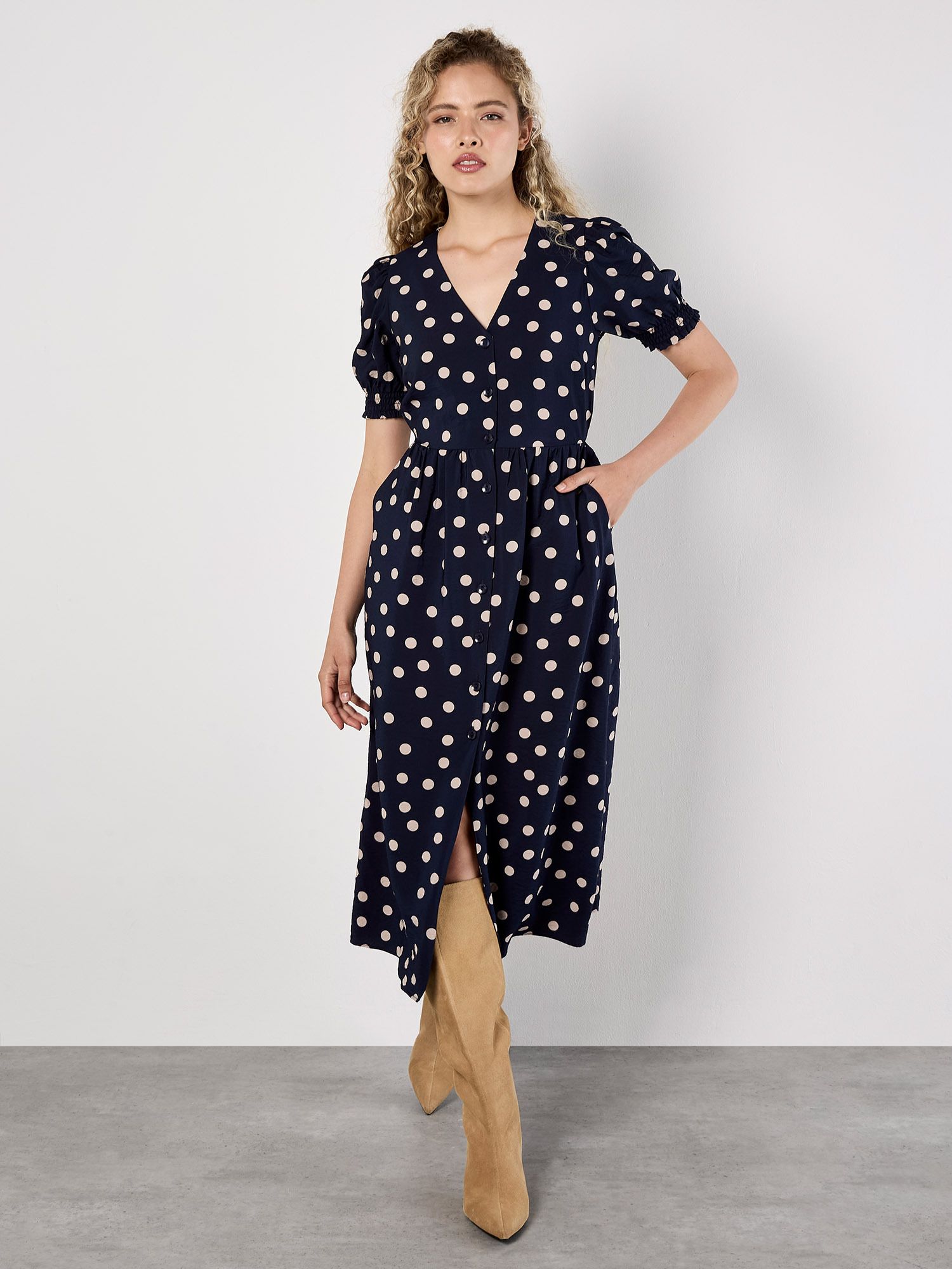 Apricot Polka Dot Button-Down Midi Dress