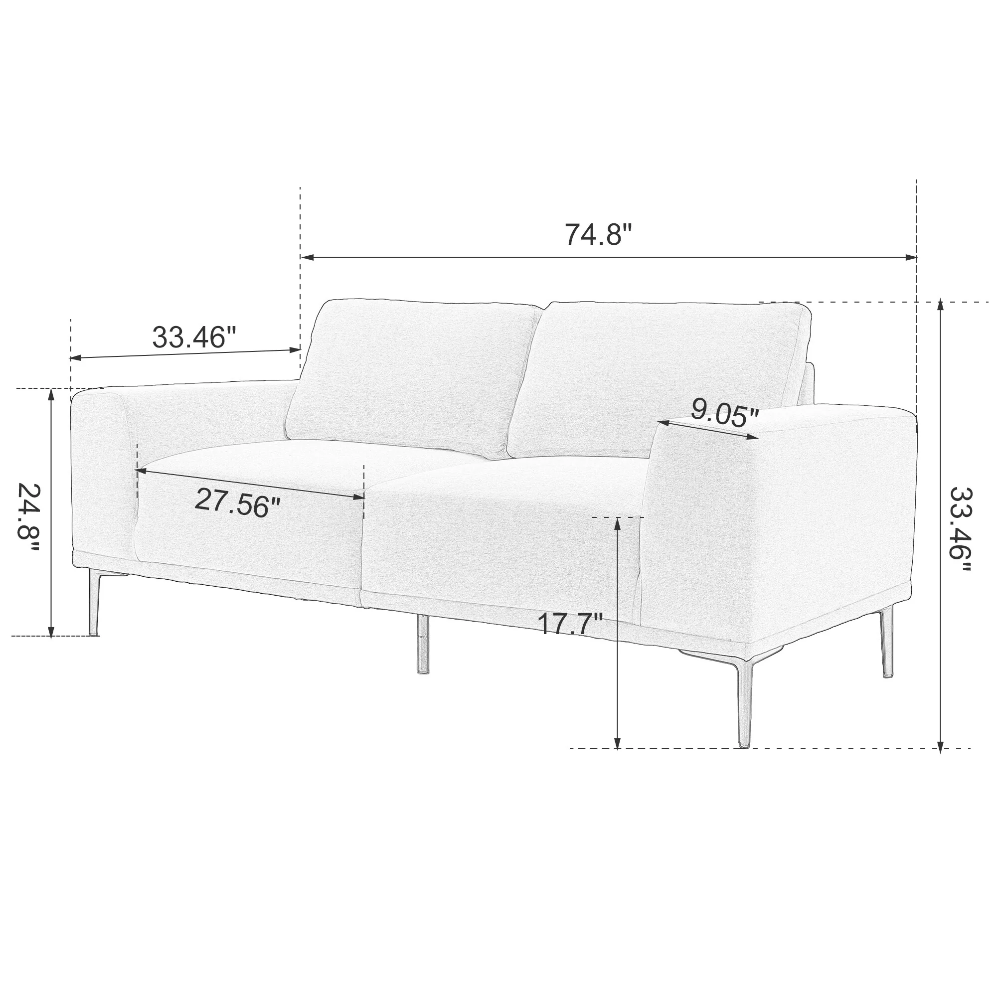 Beige 74.8'' Modern 2-Seater Fabric Sofa with Iron Legs and Comfortable Cushions for Living Room or Bedroom