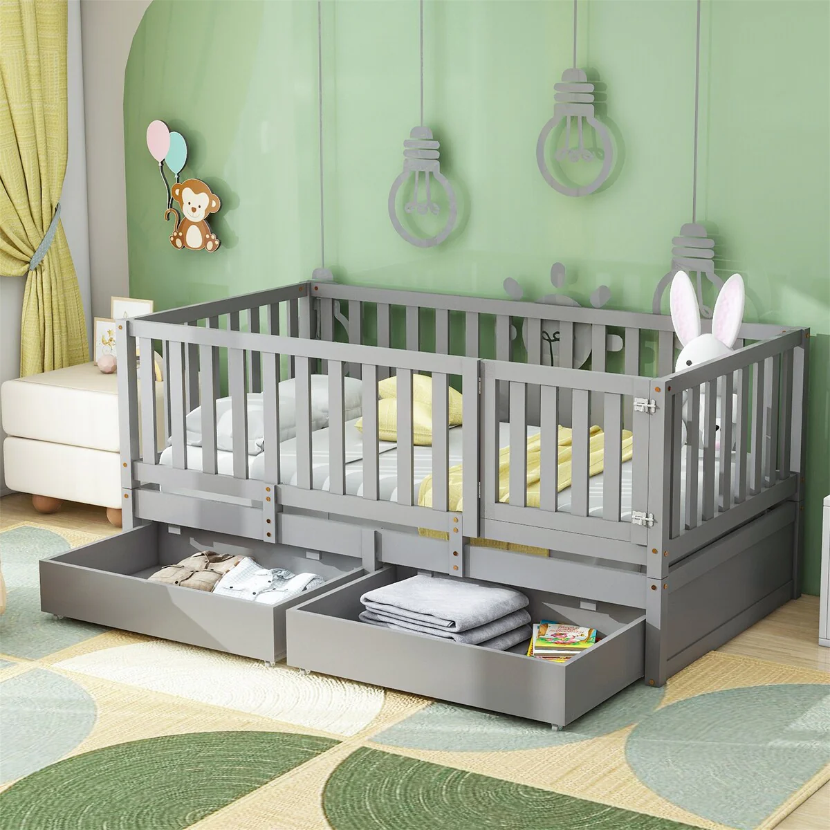 Twin Size Daybed with Fence Guardrails and 2 Drawers