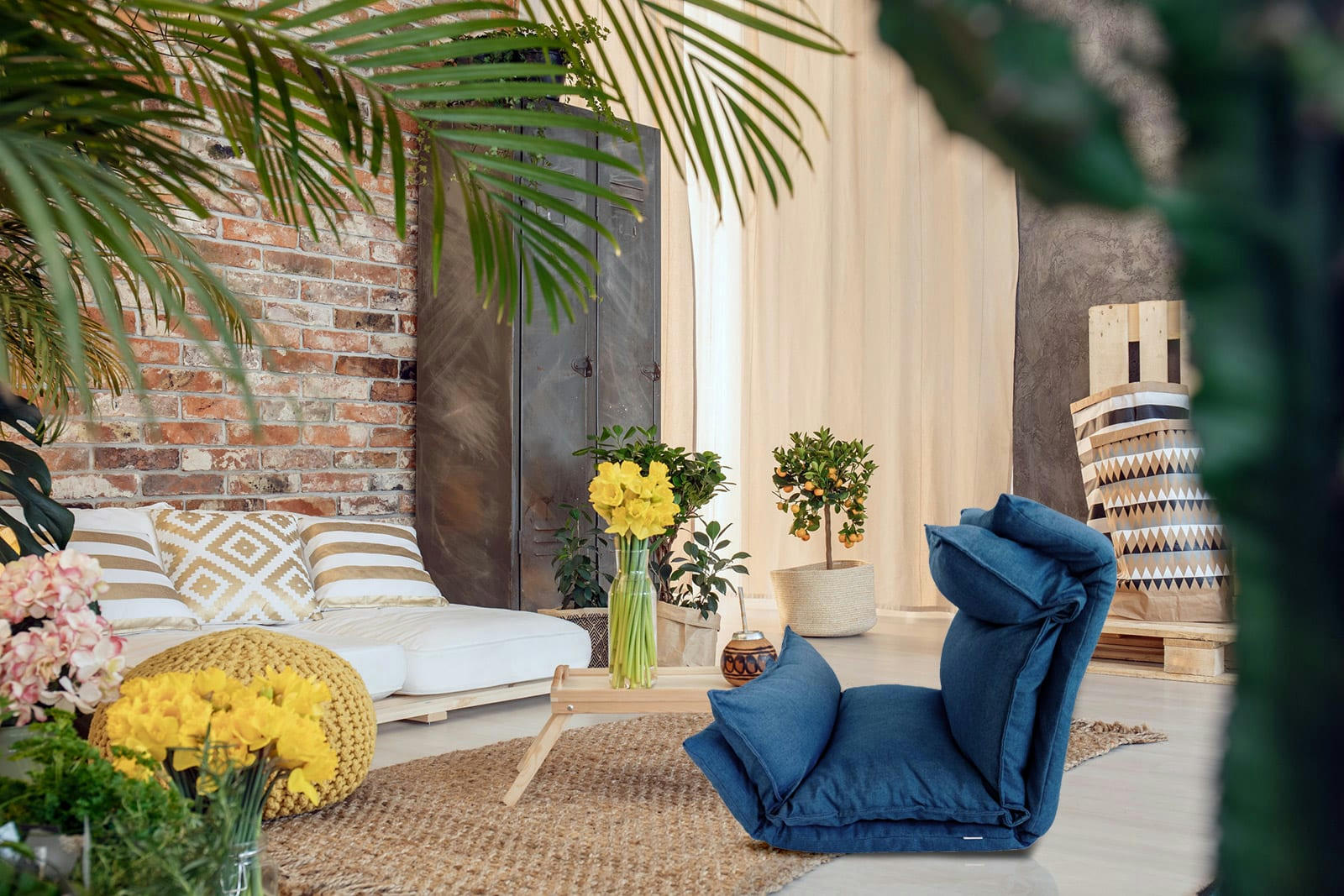 ENJOYRELAX - Siège de sol rembourré en métal et polyester bleu foncé