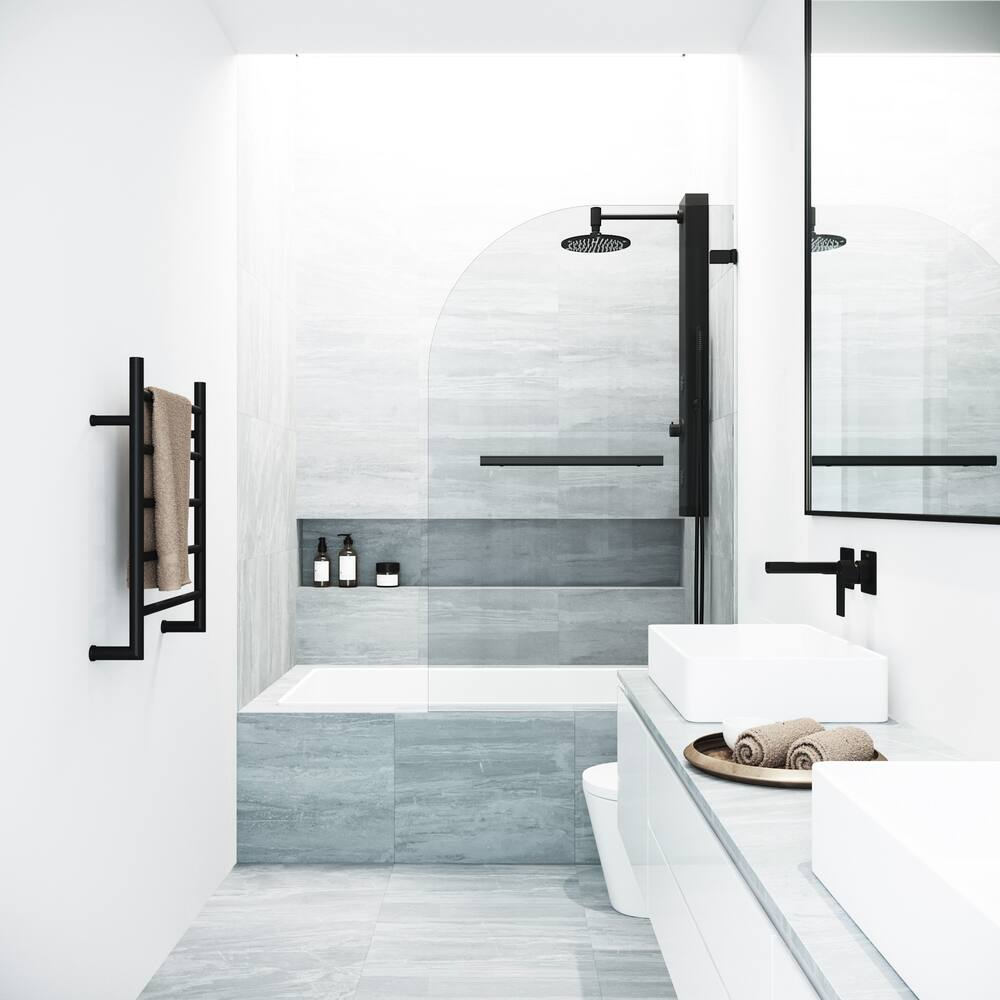 VIGO Orion Frameless Pivot Bathtub Door with Clear Glass, Matte Black, 34x58-in