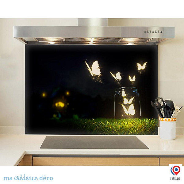 Crédence cuisine fond de hotte Papillons et lumière - Verre trempé - L 60 cm x H 45 cm - MaCrédenceDéco