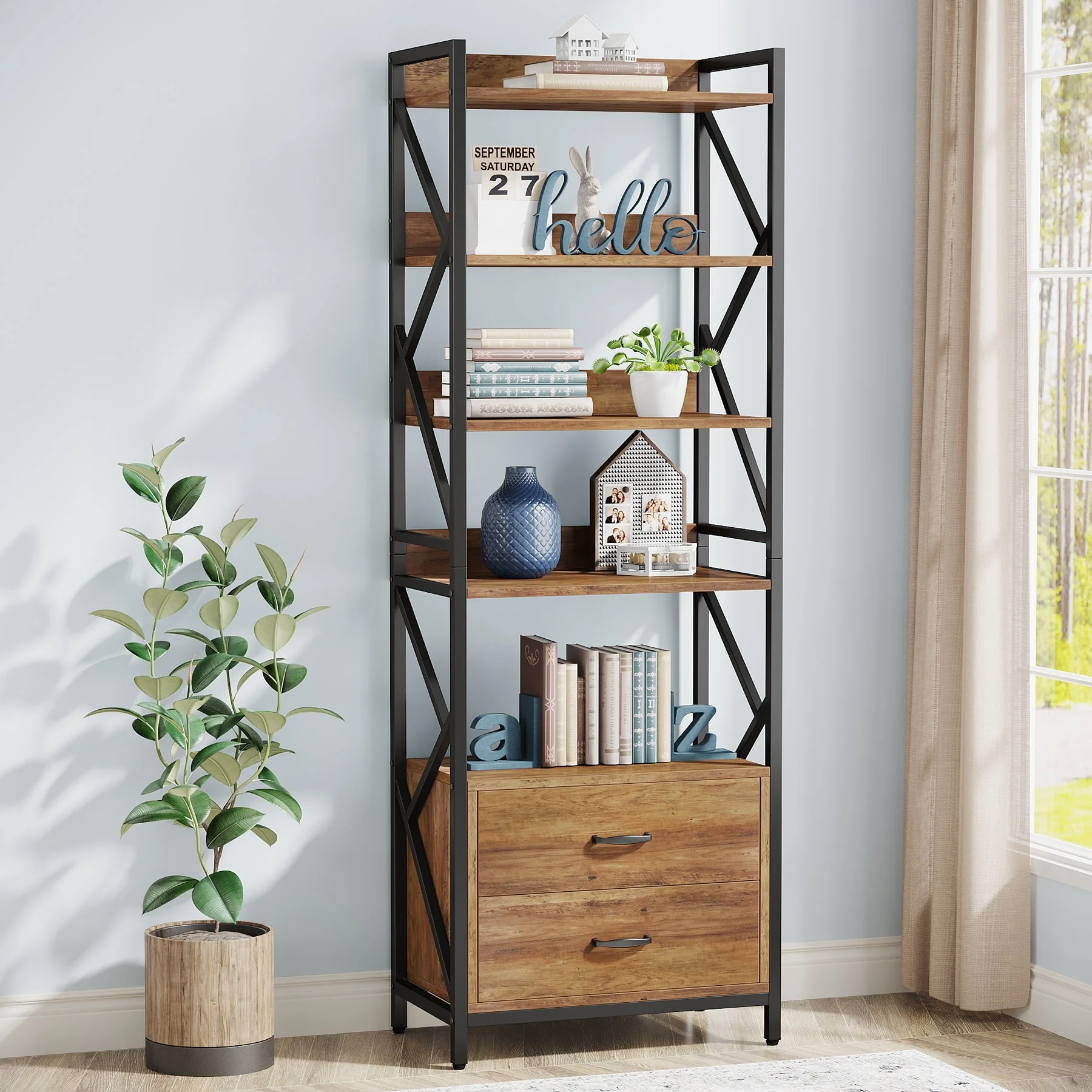 70.8 Bookcase Bookshelf with 2 Drawers and 5 Shelf Open Shelf for Living Room, Bedroom, Home, Office