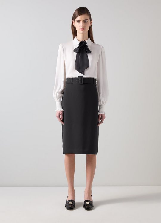 Tabitha BlackBelted Crepe Pencil Skirt