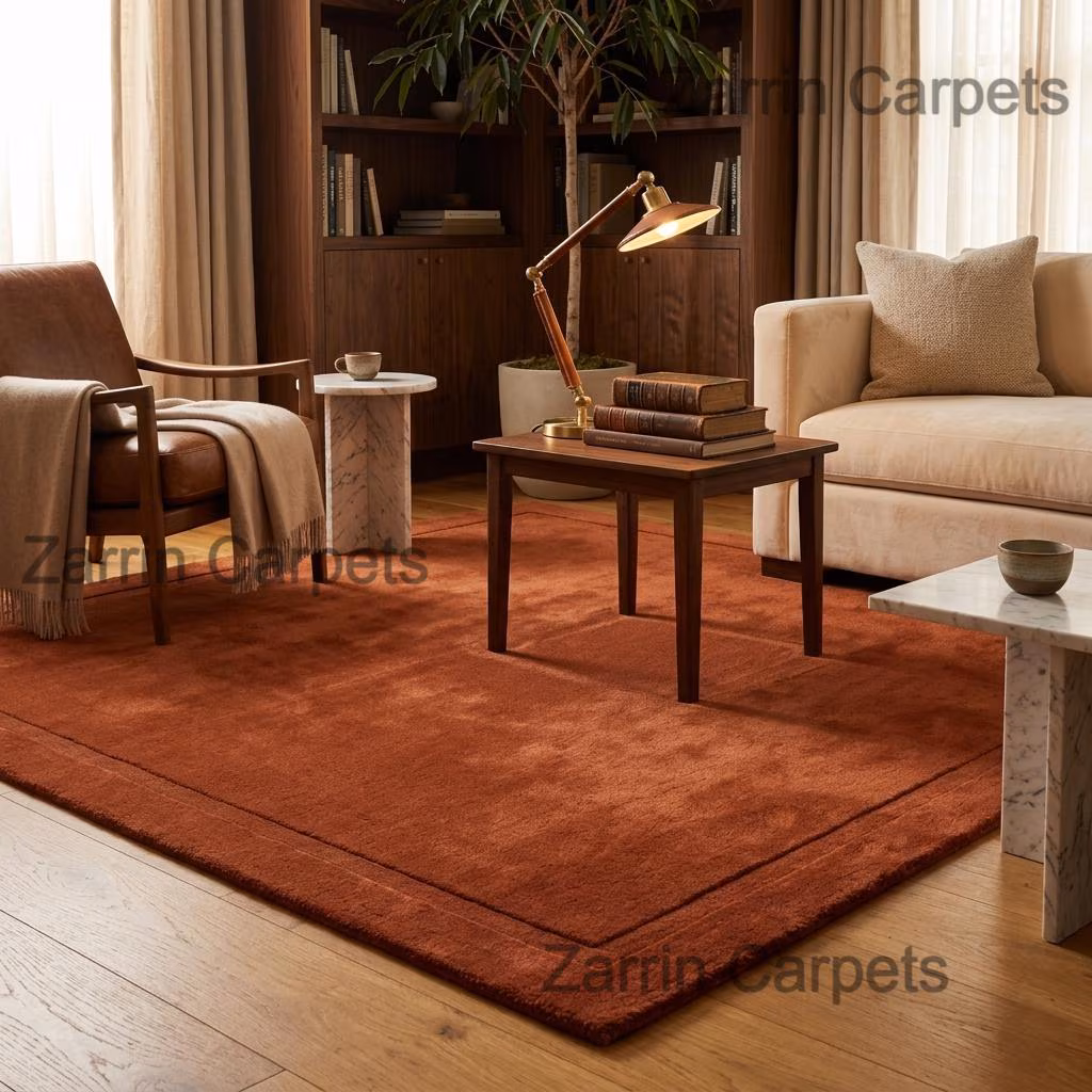 Hand-Tufted Terracotta Wool Rug – Modern Minimalist Burnt Orange Border Design